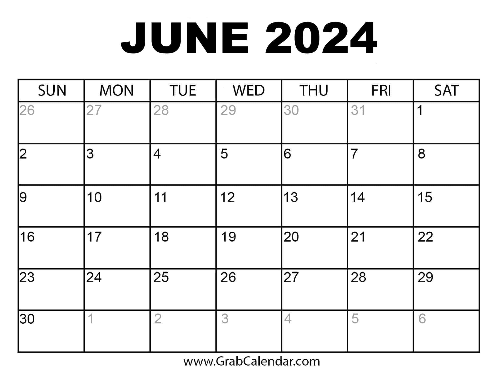 Printable June 2024 Calendar in Calendar For May June and July 2024