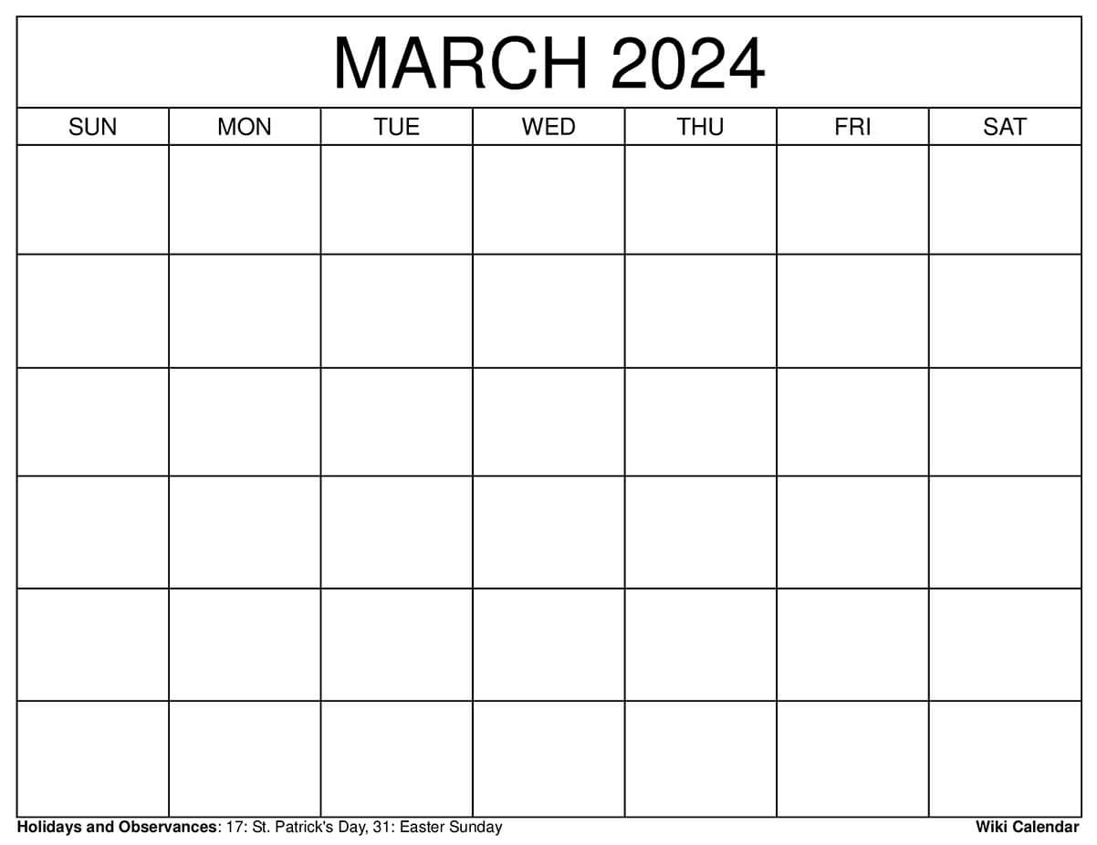 Printable March 2024 Calendar Templates With Holidays throughout June and July Calendar Template 2024