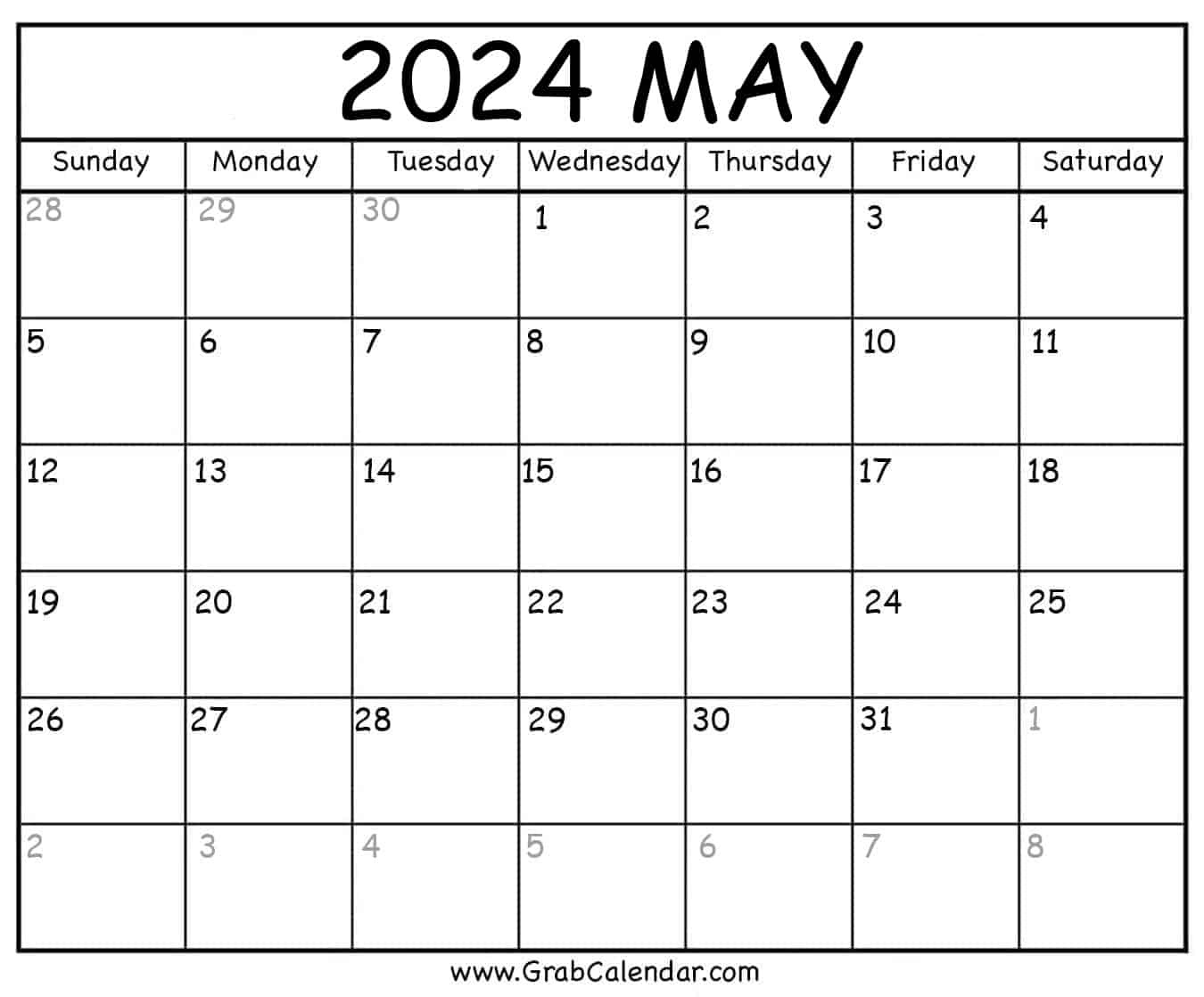Printable May 2024 Calendar in Free Printable Blank May 2024 Calendar