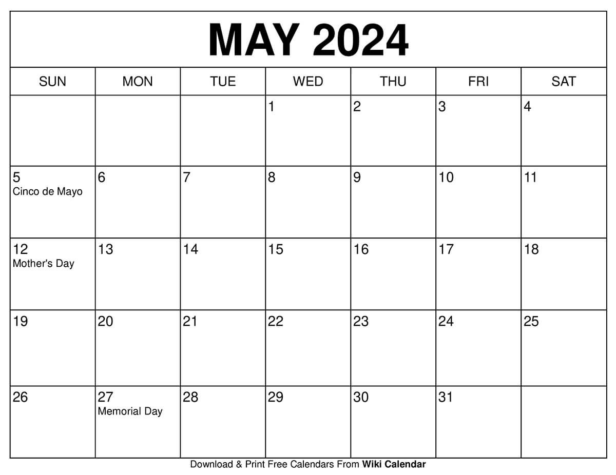 Printable May 2024 Calendar Templates With Holidays intended for Free Printable Blank May 2024 Calendar