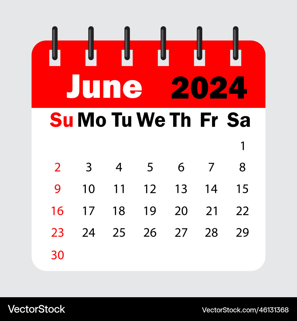 Red Calendar Leaf Spring June 2024 Royalty Free Vector Image pertaining to July 2024 Calendar Vector