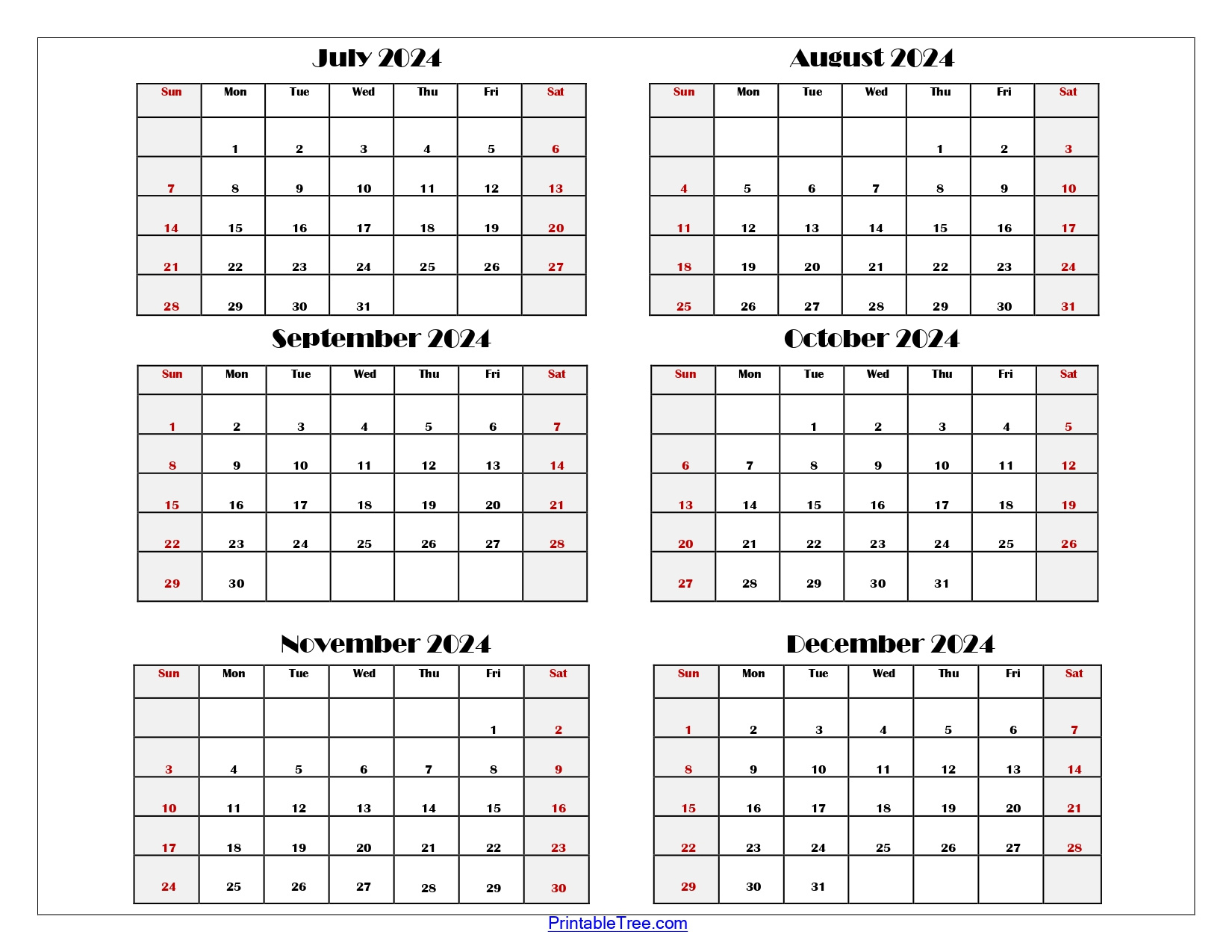 Six Month Calendar 2024 Printable Pdf- 6 Months Calendar Per Page intended for Calendar July - December 2024
