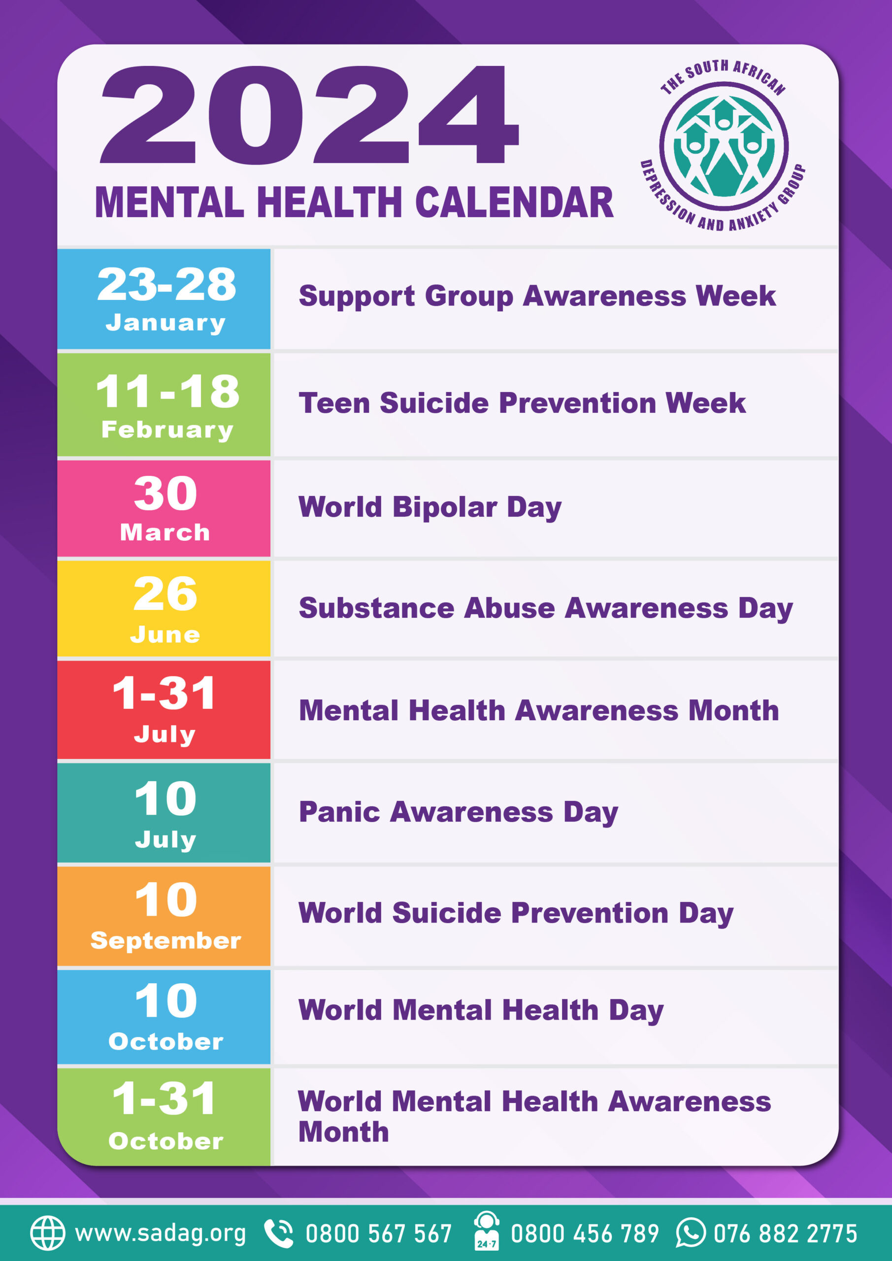 South African Depression And Anxiety Group with July Mental Health Calendar 2024