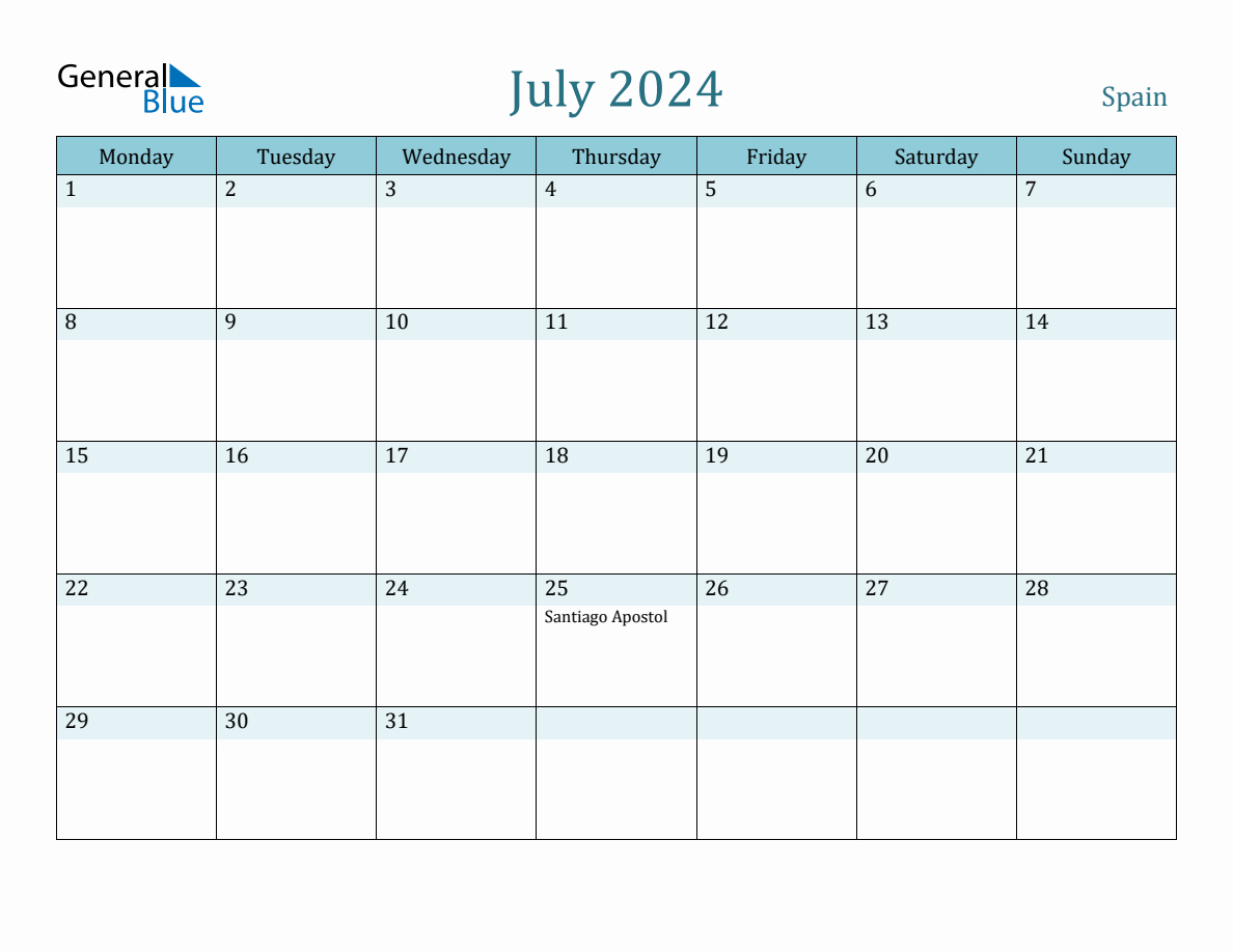 Spain Holiday Calendar For July 2024 throughout Spanish Calendar For July 2024