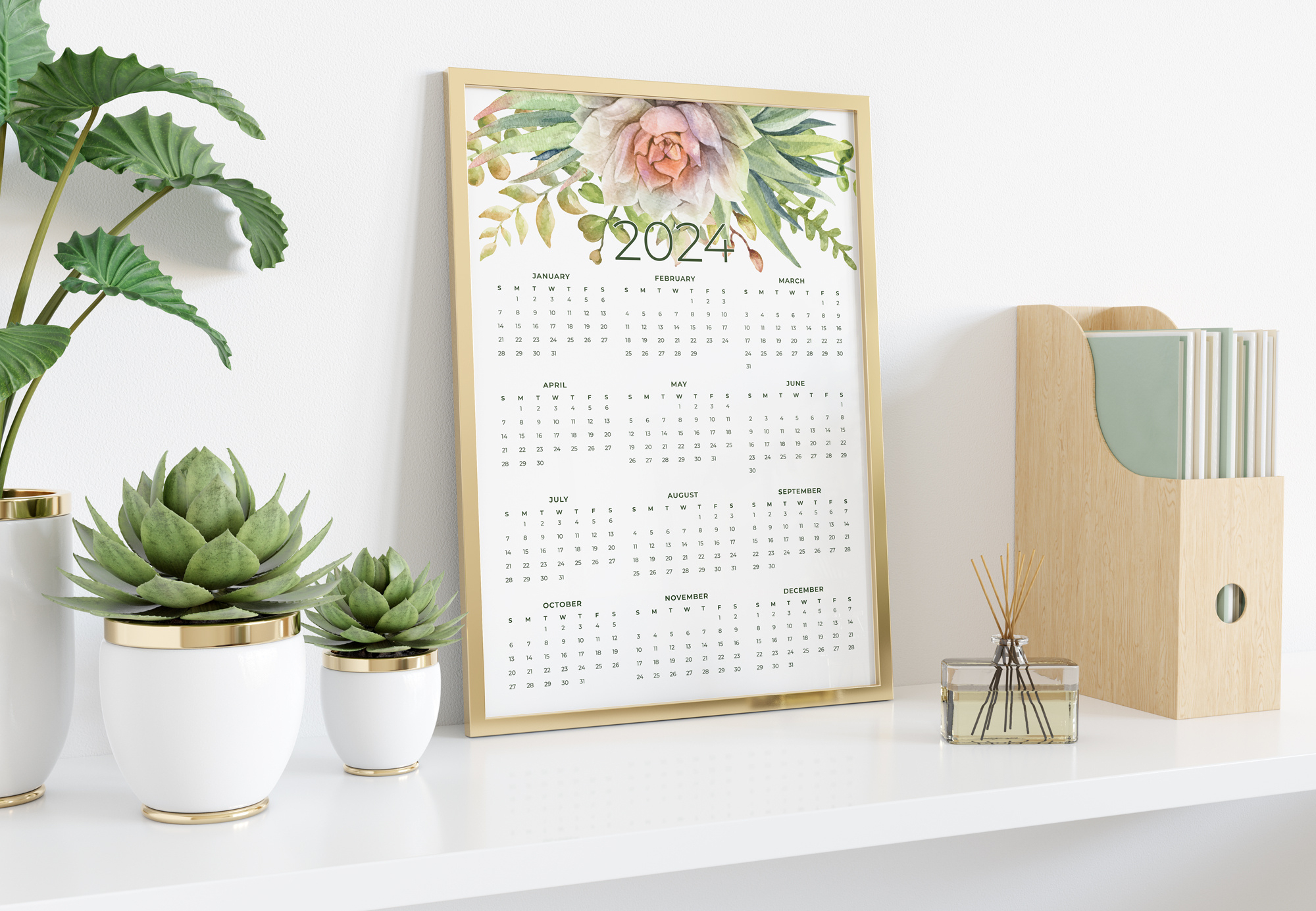 Succulent Calendar 2024 Printable Year At A Glance for Free Printable Calendar 2024 Succulents
