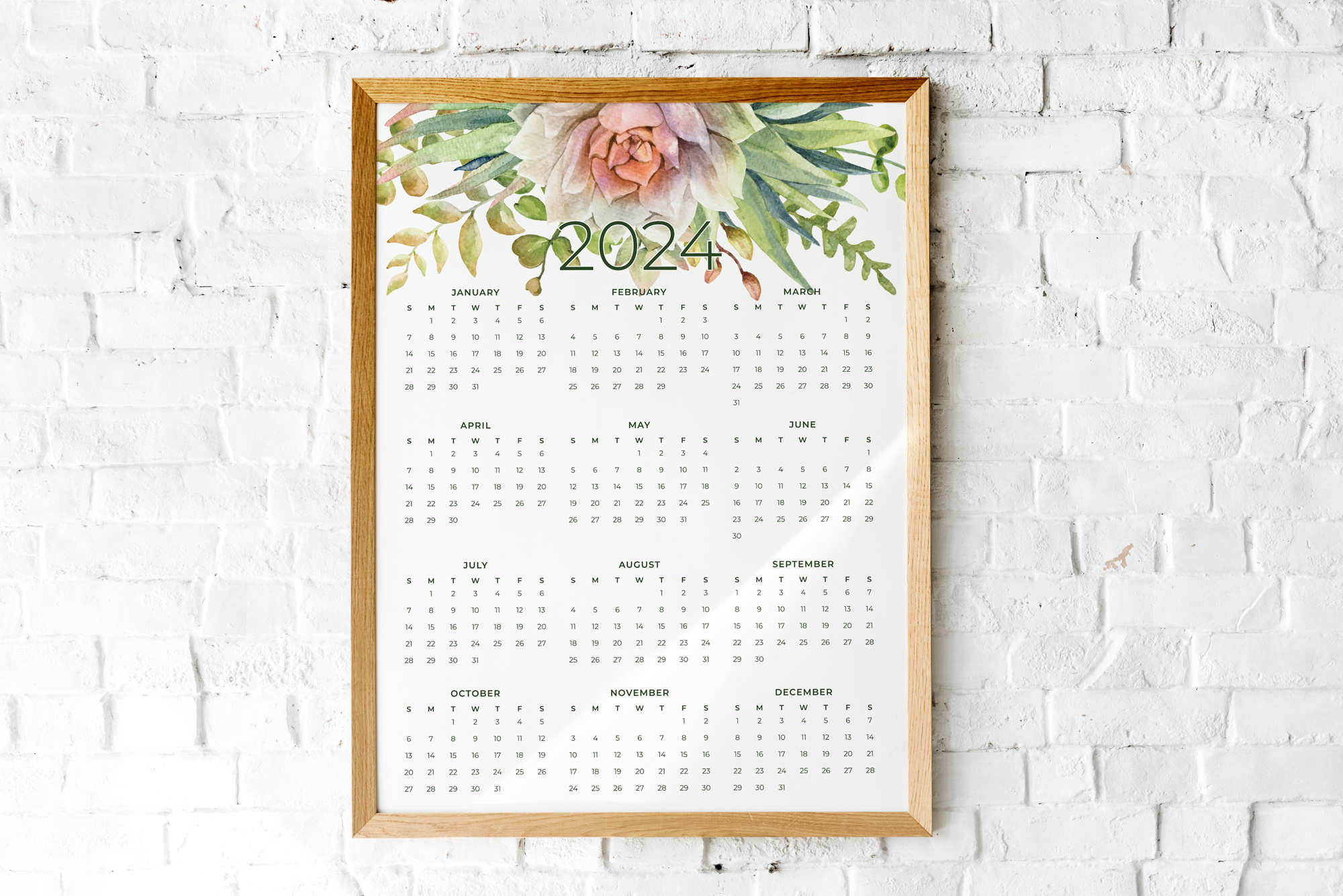 Succulent Calendar 2024 Printable Year At A Glance intended for Free Printable Calendar 2024 Succulents
