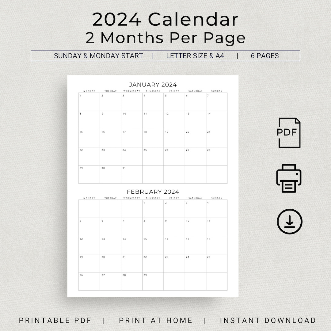 2024 2 Month Calendar 2024 Planner Calendar Wall Calendar 2 Months in Free Printable Calendar 2 Months Per Page 2024