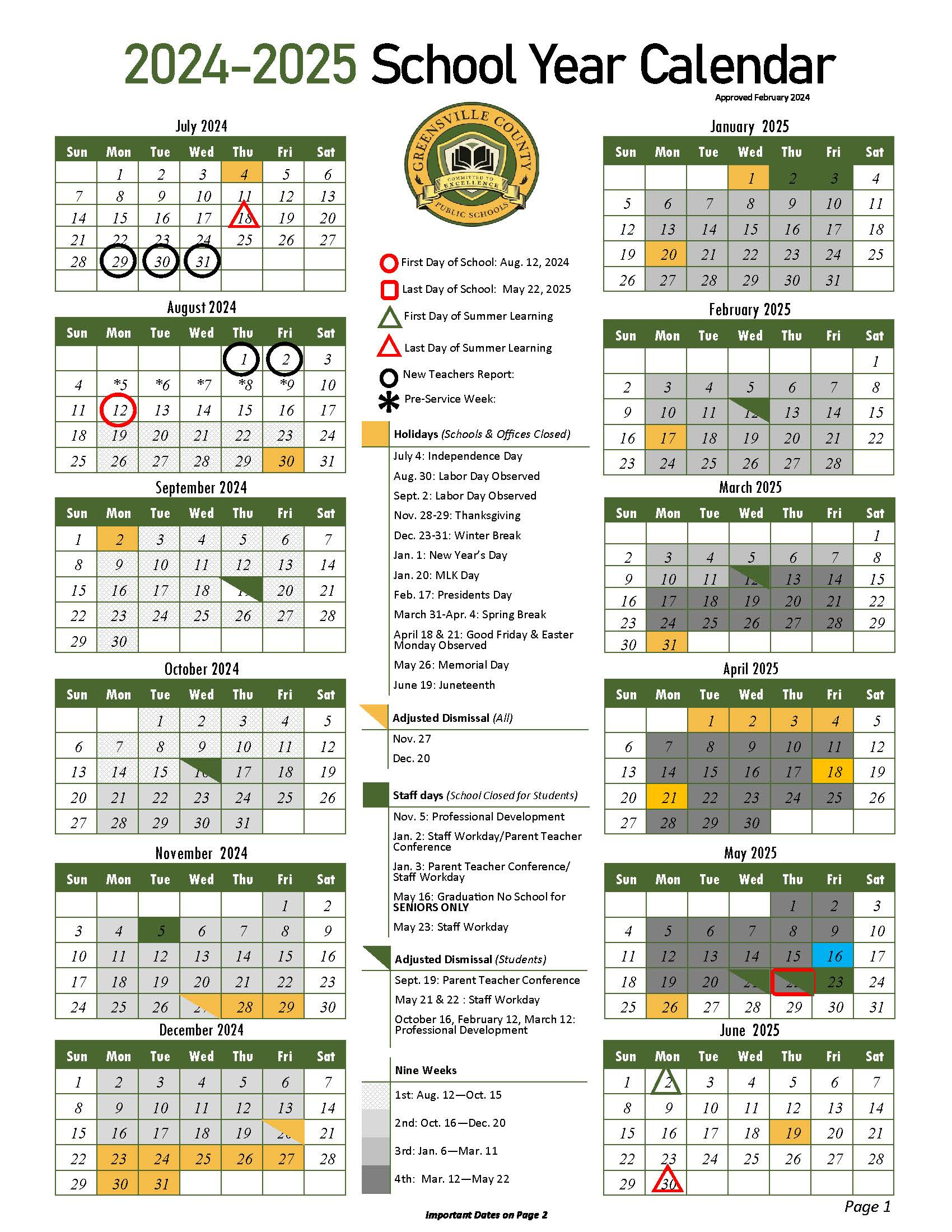 2024-2025 Calendar - School Calendar - Greensville County Public for Augusta County School Calendar 24 25 Printable