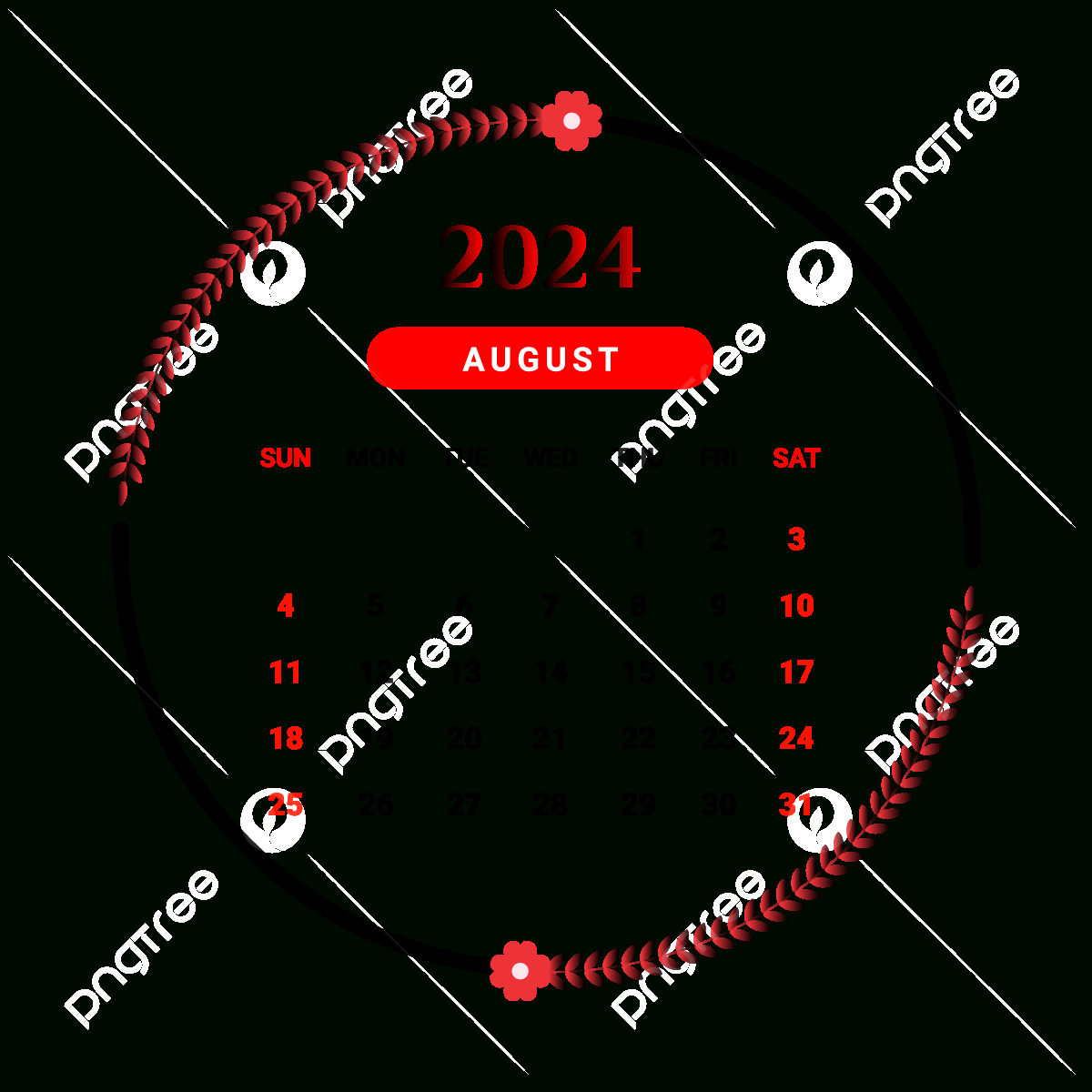 2024 August Month Calendar With Red And Black Floral Design Vector in August Calendar Themes 2024