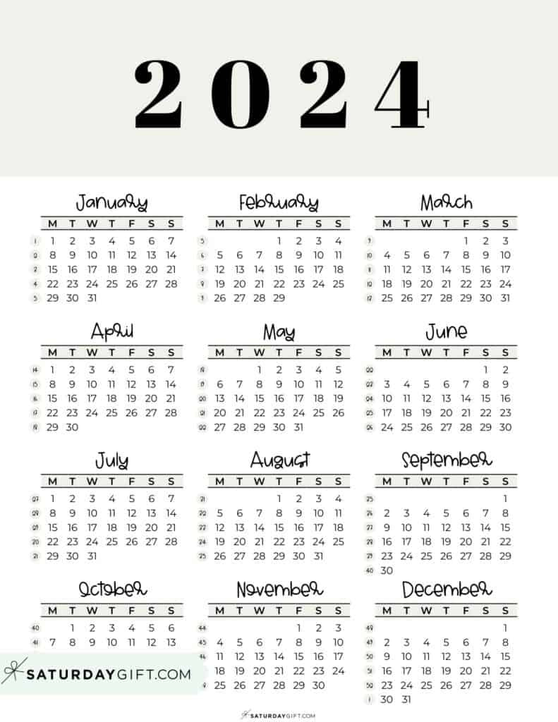 2024 Calendar Printable - 18 Cute &amp;amp; Free 2024 Yearly Calendar regarding Free Printable Calendar 2024 Week Starting Monday