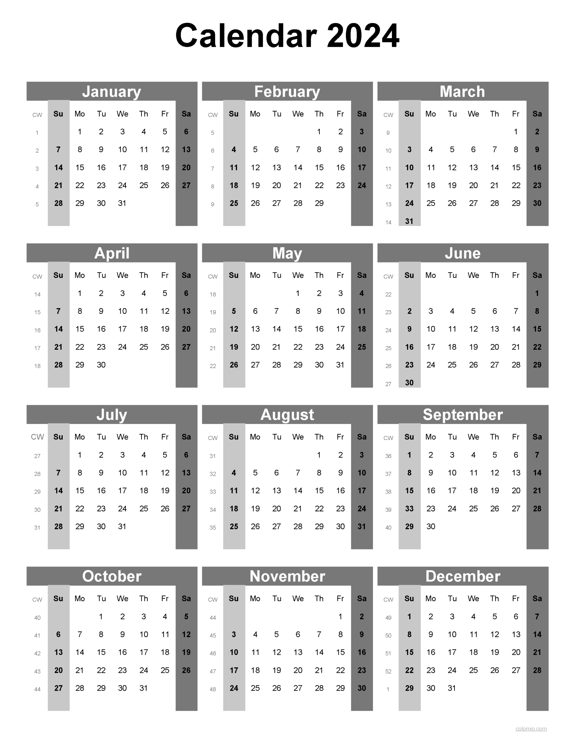 2024 Calendar Printable, ✓ Pdf, Excel And Image File - Free within Free Printable Calendar 2024 Black And White