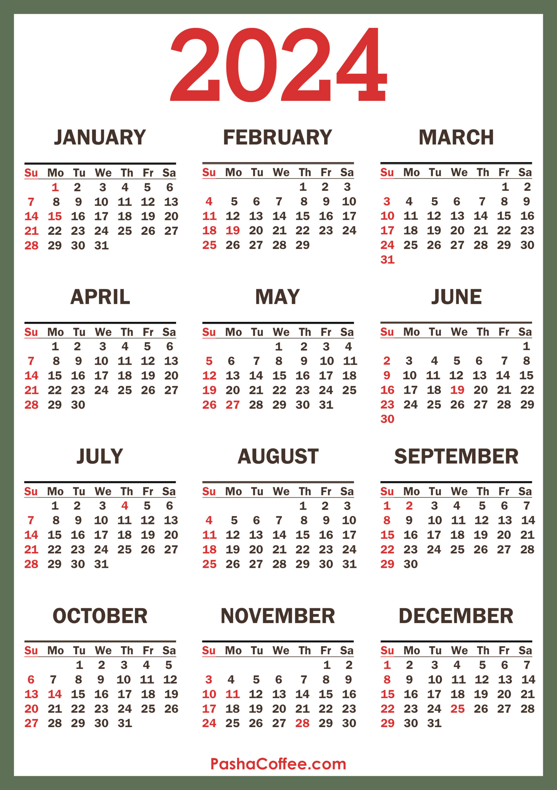 2024 Calendar With Holidays, Printable Free, Vertical, Green in Free Printable Calendar 2024 With Holidays