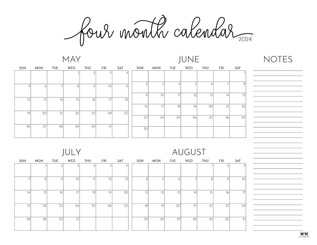 2024 Four Month Calendars - 18 Free Printables | Printabulls for May June July August 2024 Calendar