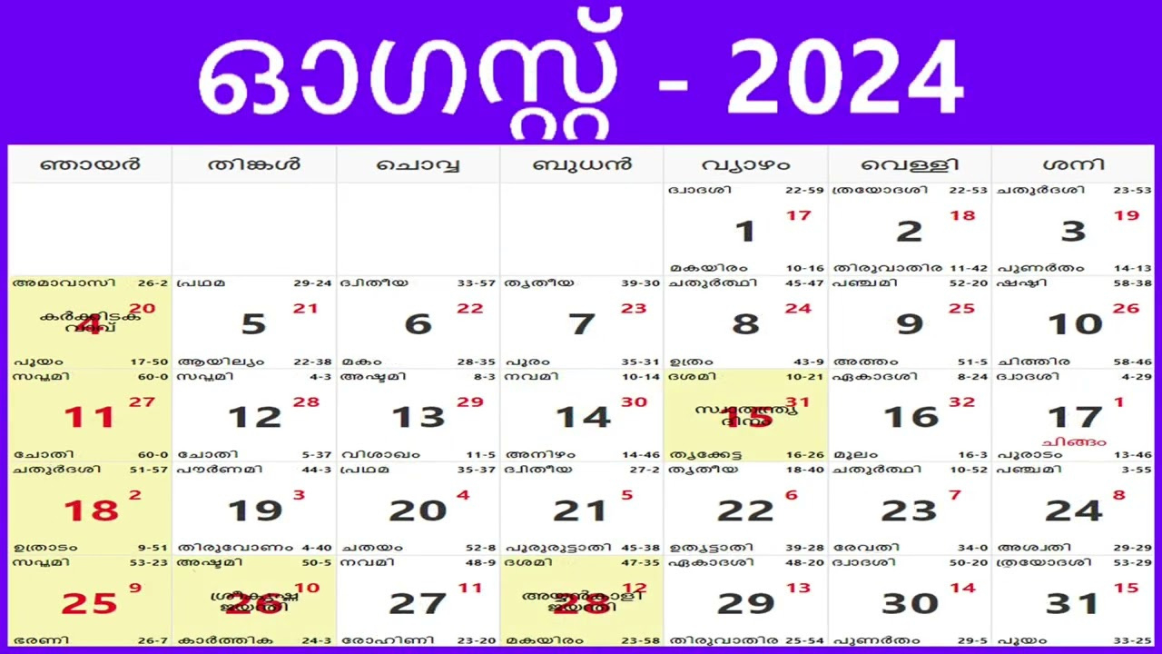 2024 Malayalam Calendar| Kerala Govt. Holidays And Festival List| 2024 മലയാളം കലണ്ടർ with regard to Malayalam Calendar 2024 August