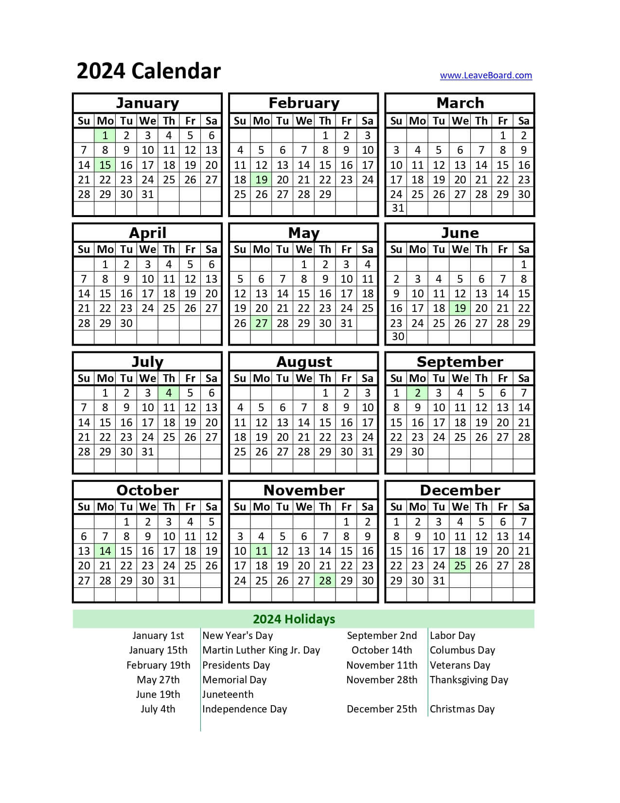 2024 Palendar Printable: Pdf, Excel, With Holidays (Free Download intended for Free Printable Business Card Size Calendar 2024