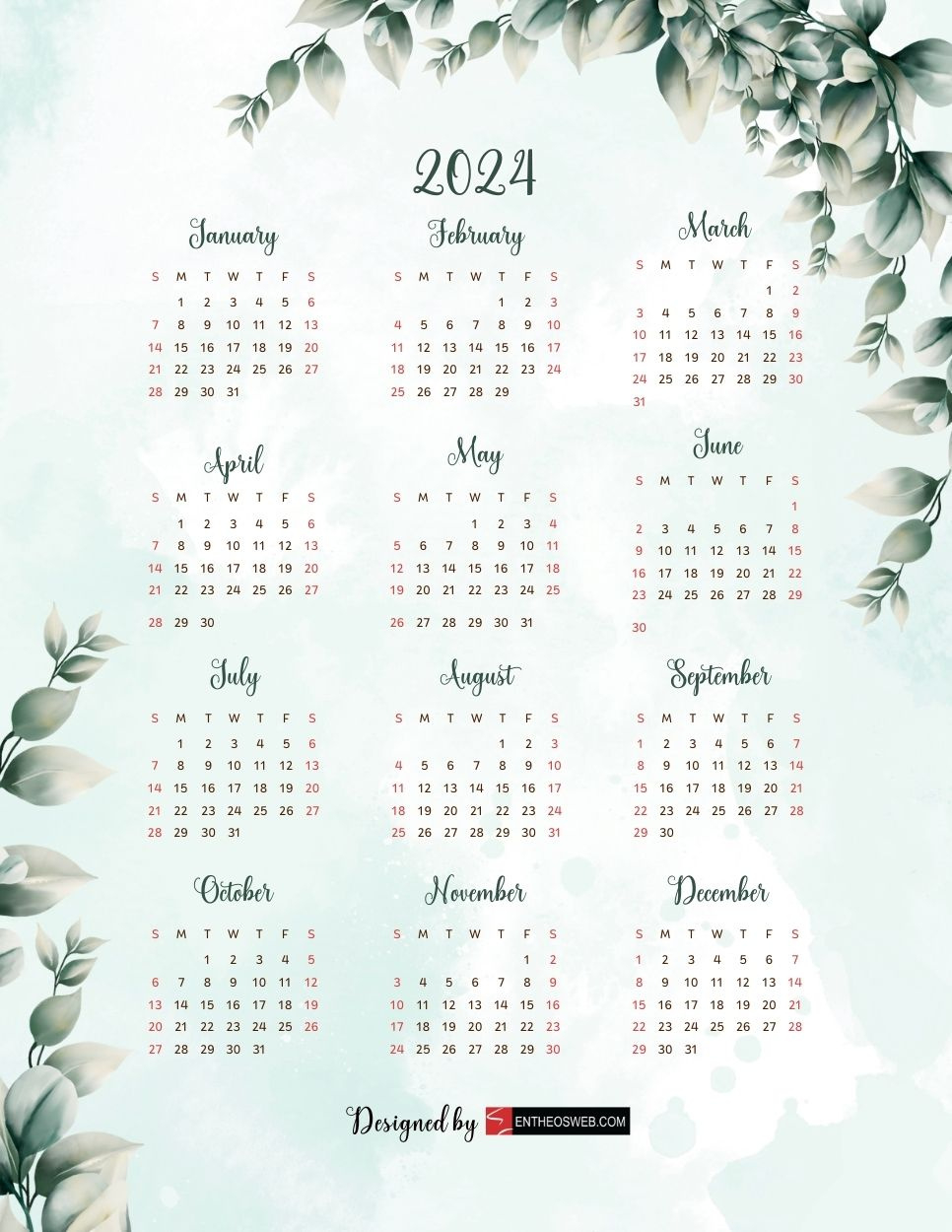 2024 Pdf Calendars – Free Printable Pdf Downloads | Entheosweb for Free Printable Calendar 2024 With Designs