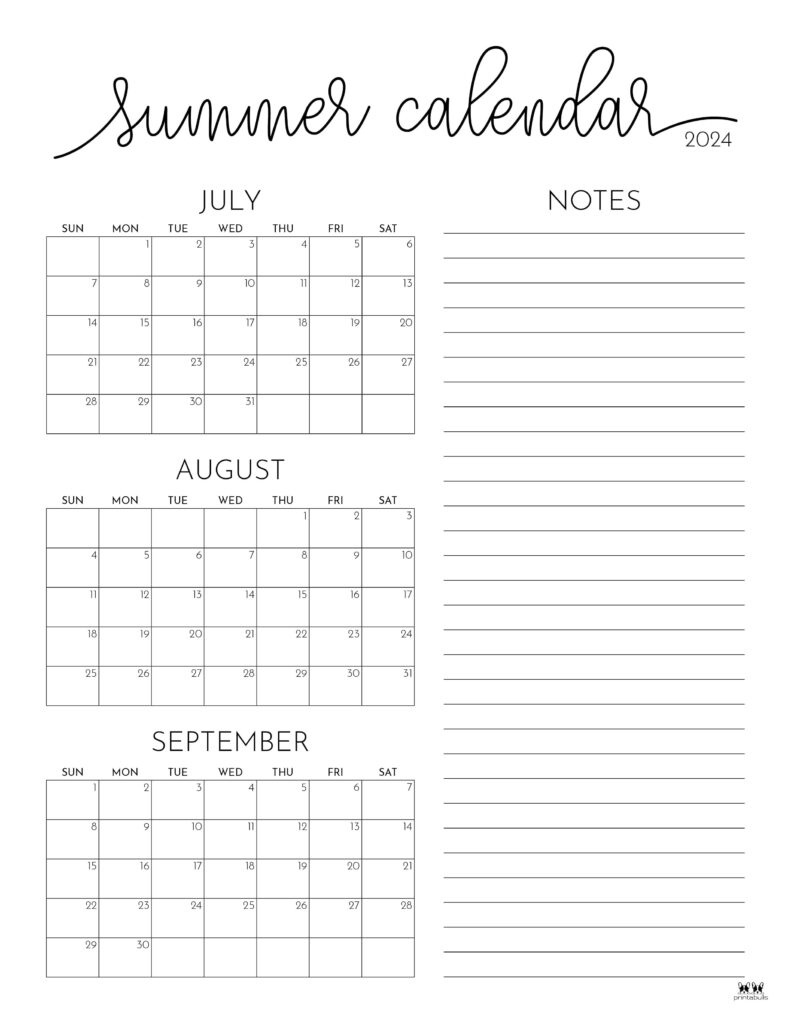 2024 Summer Calendars - 18 Free Printables | Printabulls with July August 2024 Calendar Free Printable