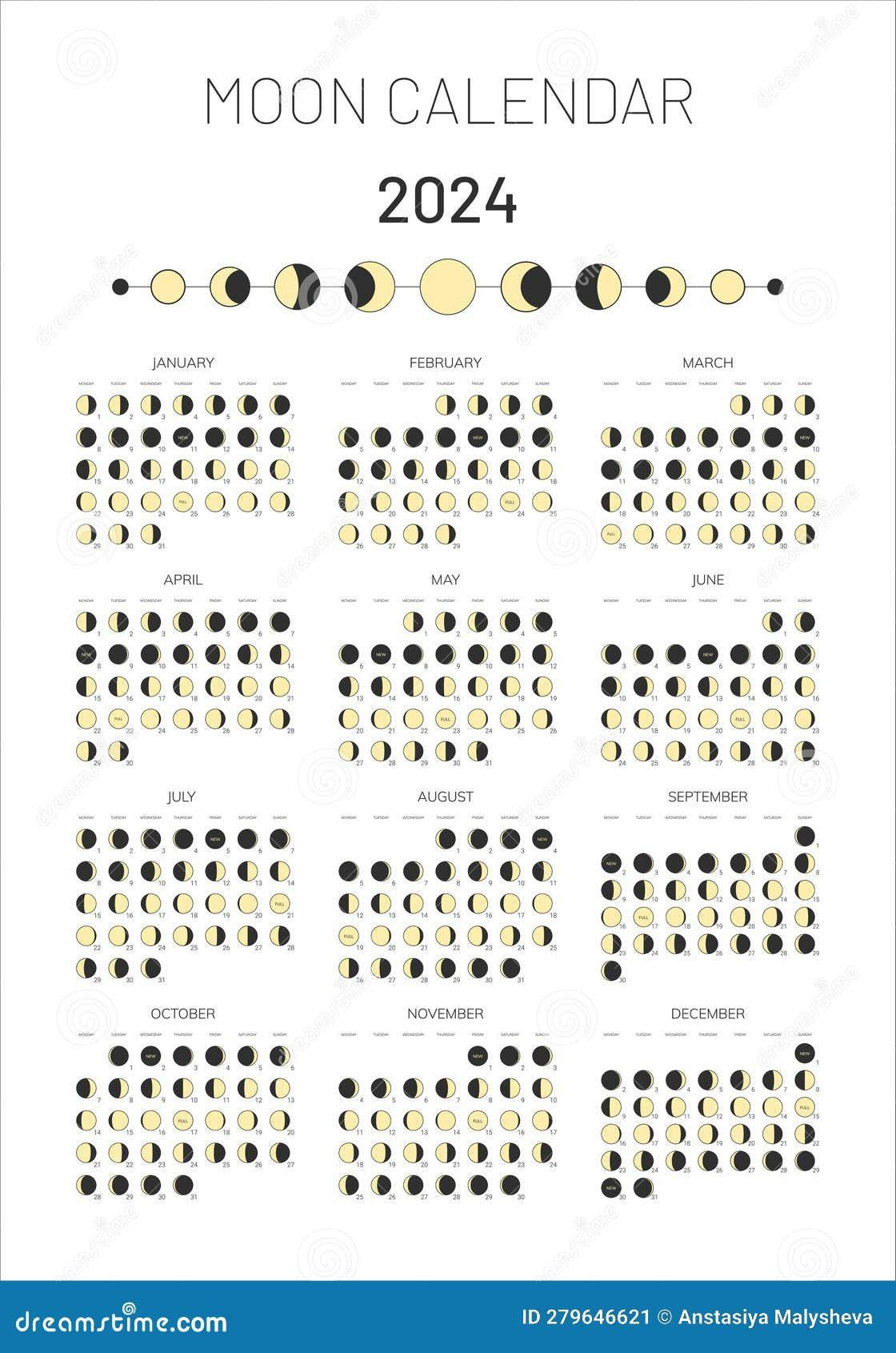 2024 Year Moon Calendar Template, Moonlight Activity Stages with regard to Free Printable Calendar 2024 With Moon Phases