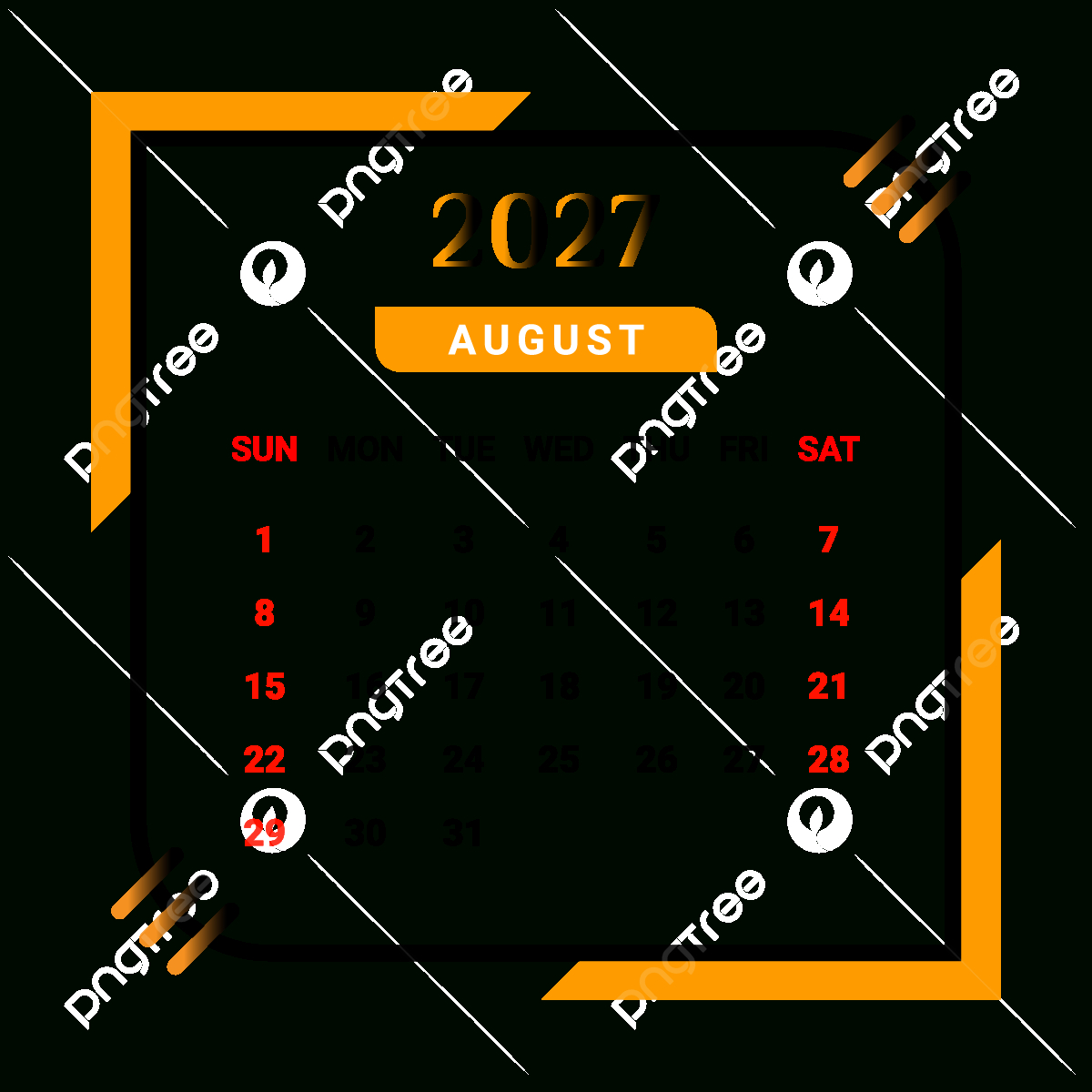 2027 August Month Calendar With Black And Yellow Vector, Monthly for August 2027 Calendar