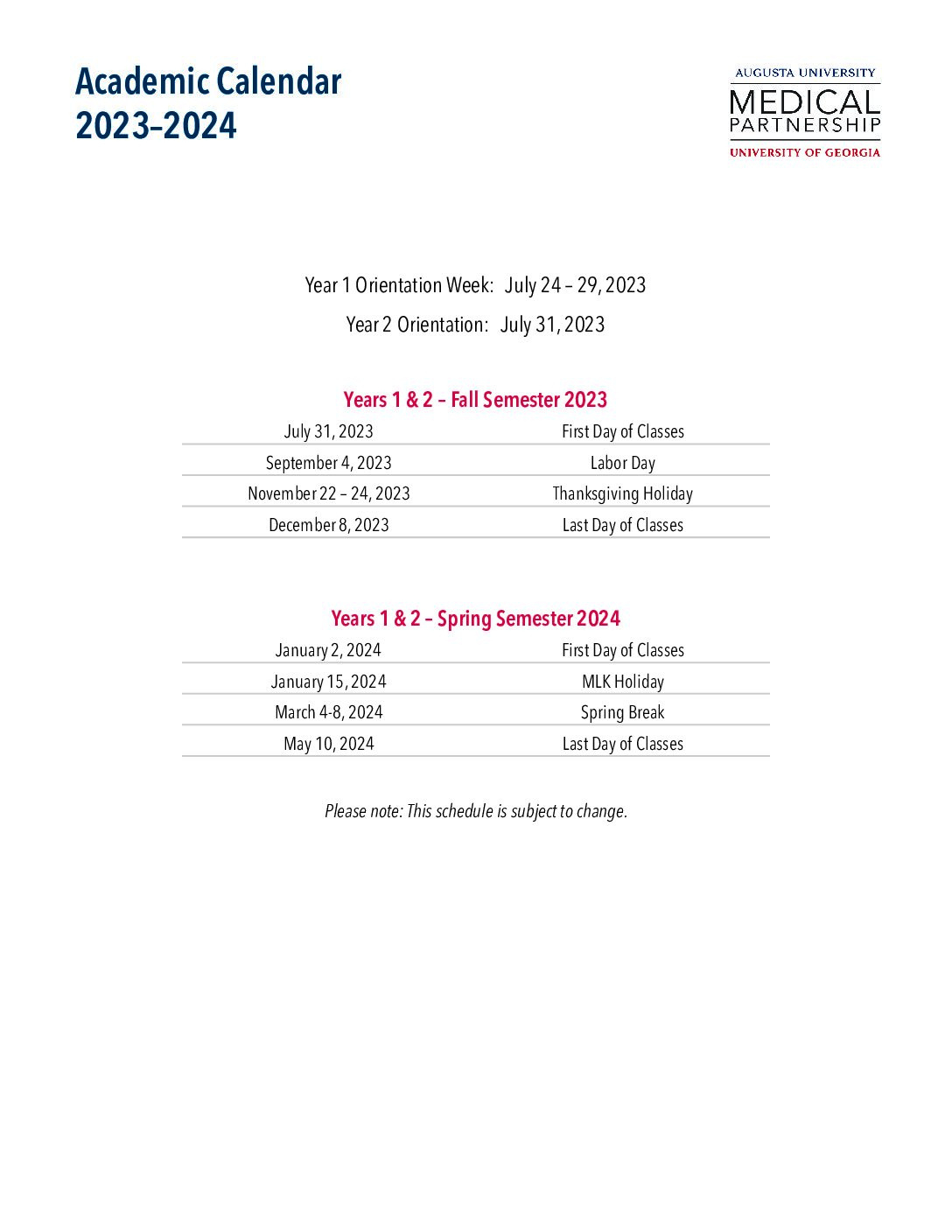 Academic Calendar 2023-24 - Au/Uga Medical Partnership with Augusta University Academic Calendar 2024