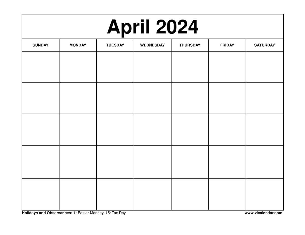 April 2024 Calendar Printable Templates With Holidays intended for Free Printable Black And White April 2024 Calendar With Holidays