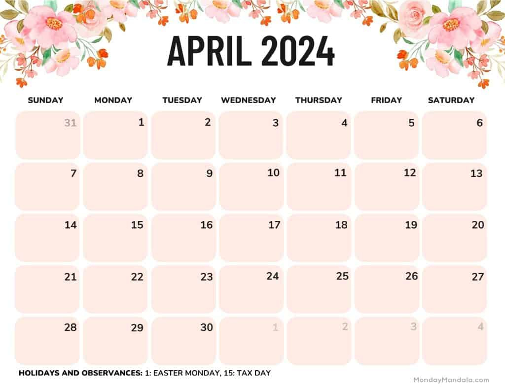 April 2024 Calendars (52 Free Pdf Printables) intended for Free Printable April Calendar 2024