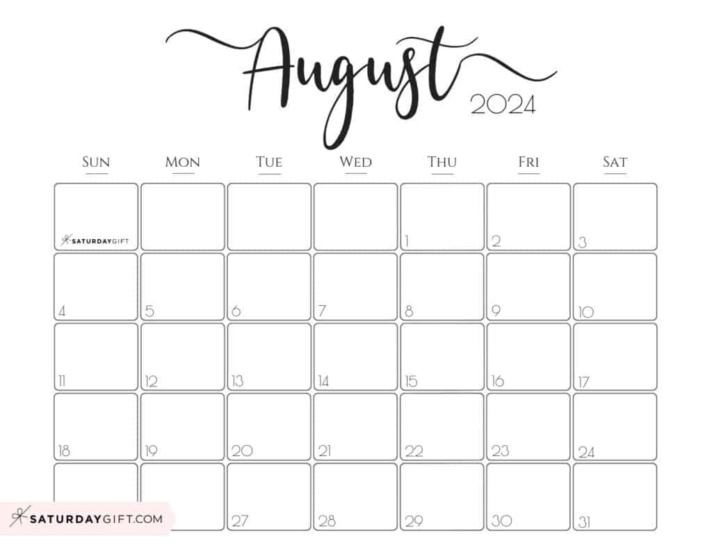 August 2024 Calendar - 20 Cute &amp;amp; Free Printables | Saturdaygift in August 2024 Calendar Cute Printable