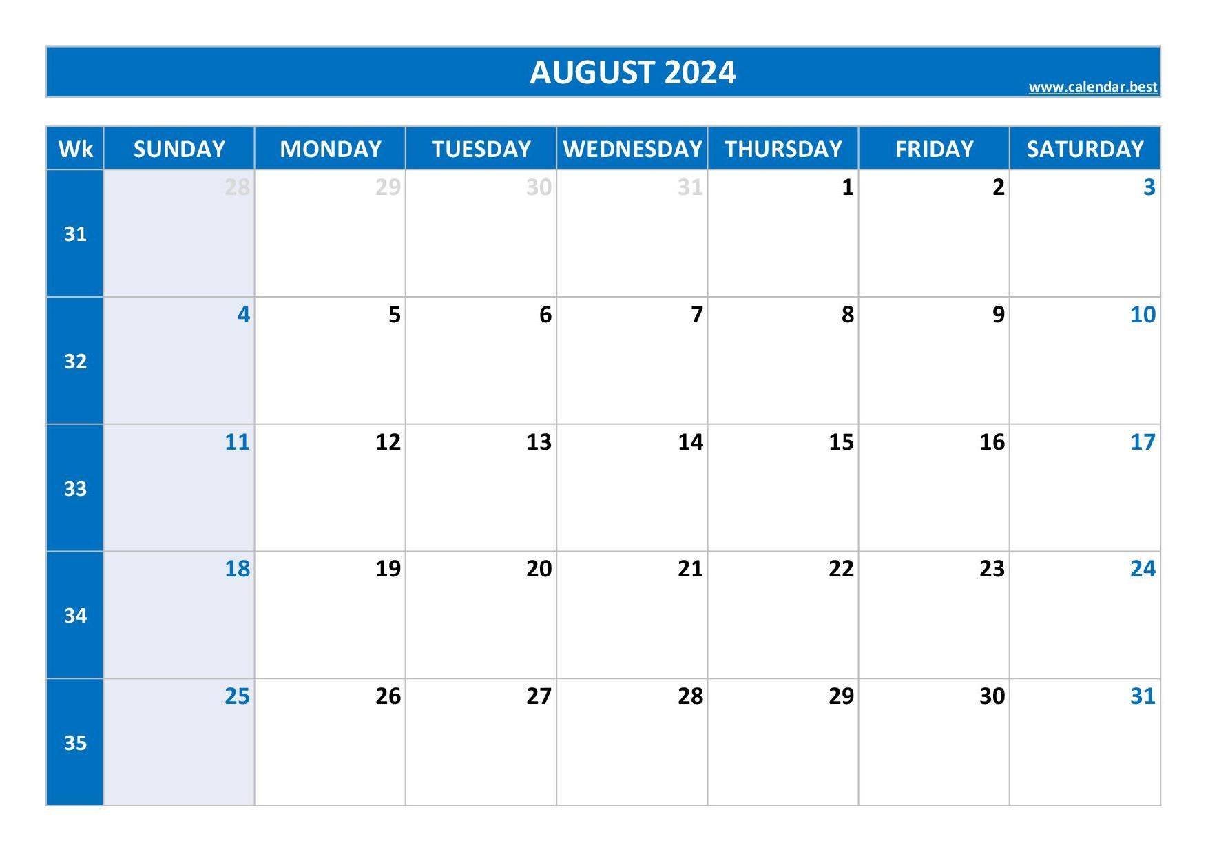 August 2024 Calendar -Calendar.best for Printable Calendar August And September 2024