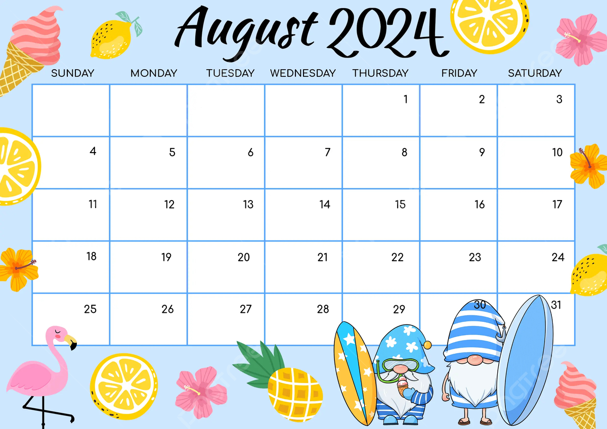 August 2024 Calendar With Flamingo In Multicolored Cartoon Style for August Calendar Clipart 2024