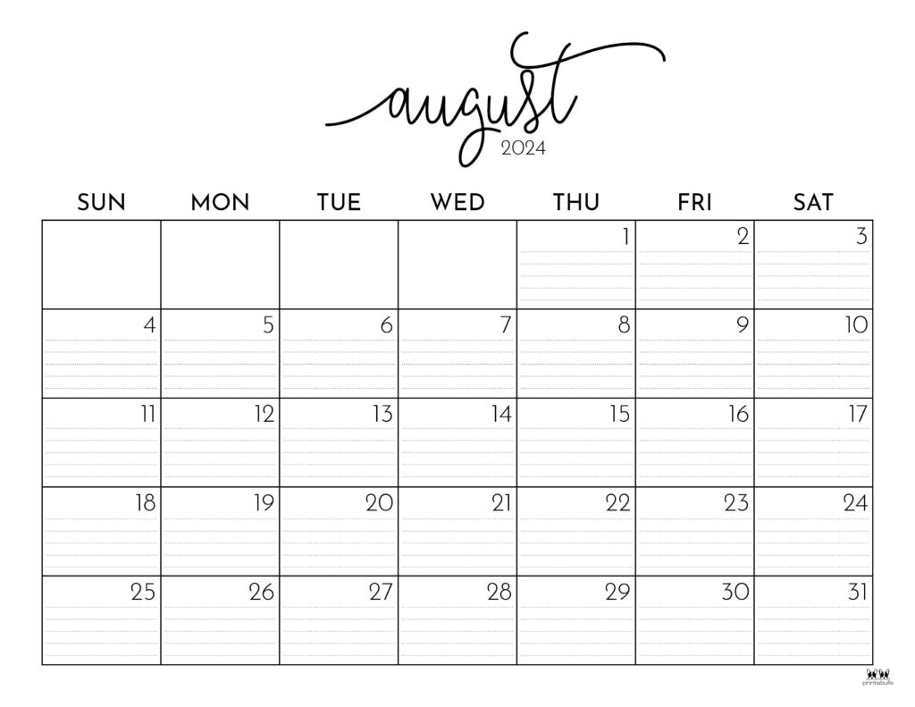 August 2024 Calendars - 50 Free Printables | Printabulls for August 2024 Blank Printable Calendar