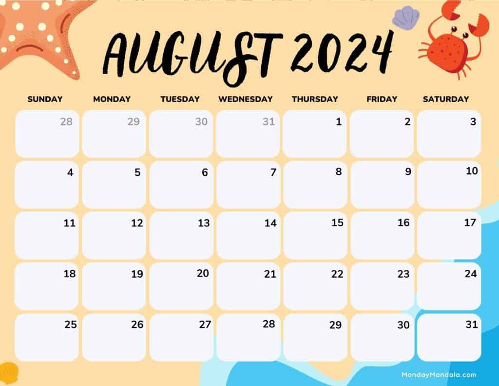 August 2024 Calendars (52 Free Pdf Printables) in Free Printable Calendar August 2024 Cute