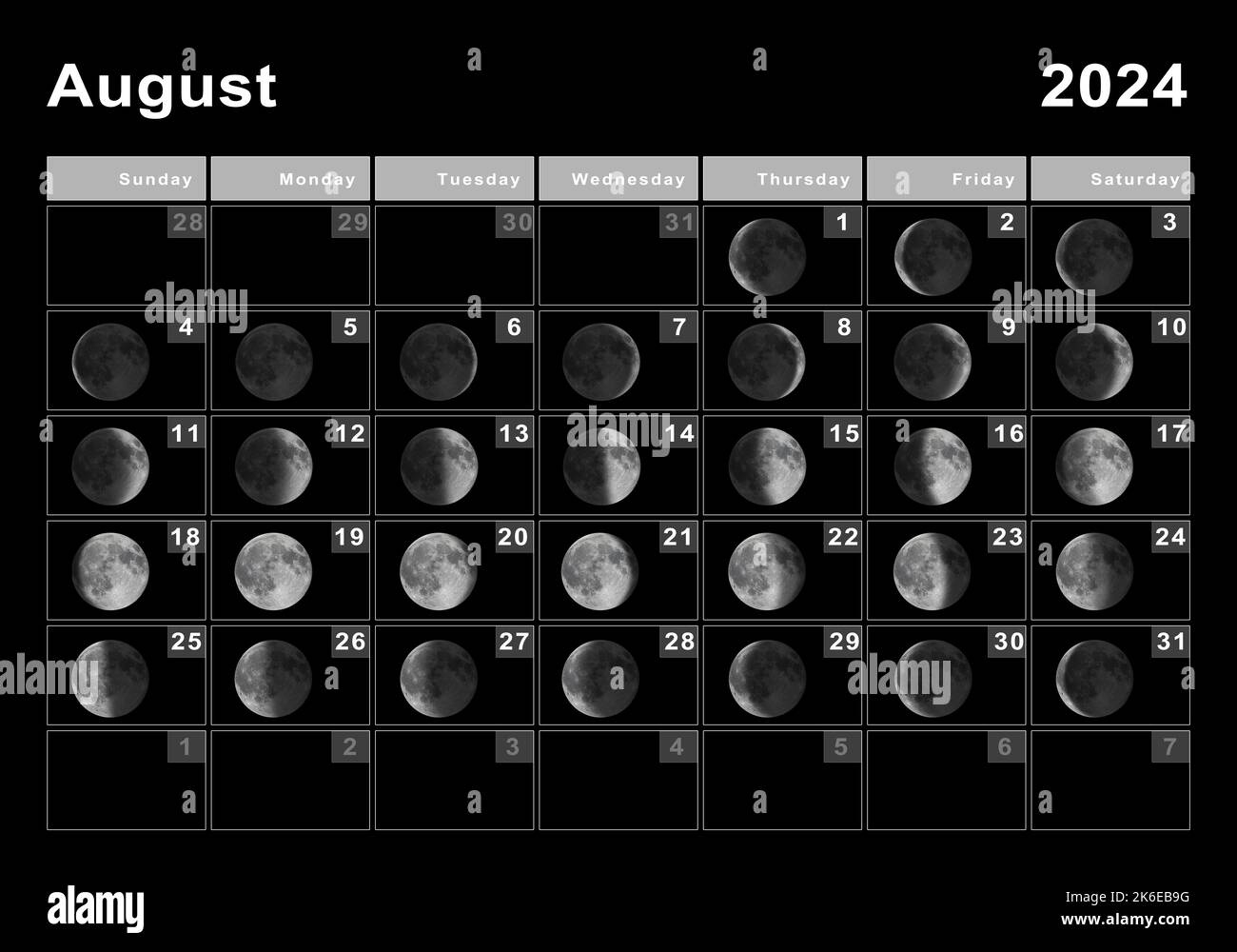 August 2024 Lunar Calendar, Moon Cycles, Moon Phases Stock Photo for August 2024 Moon Calendar