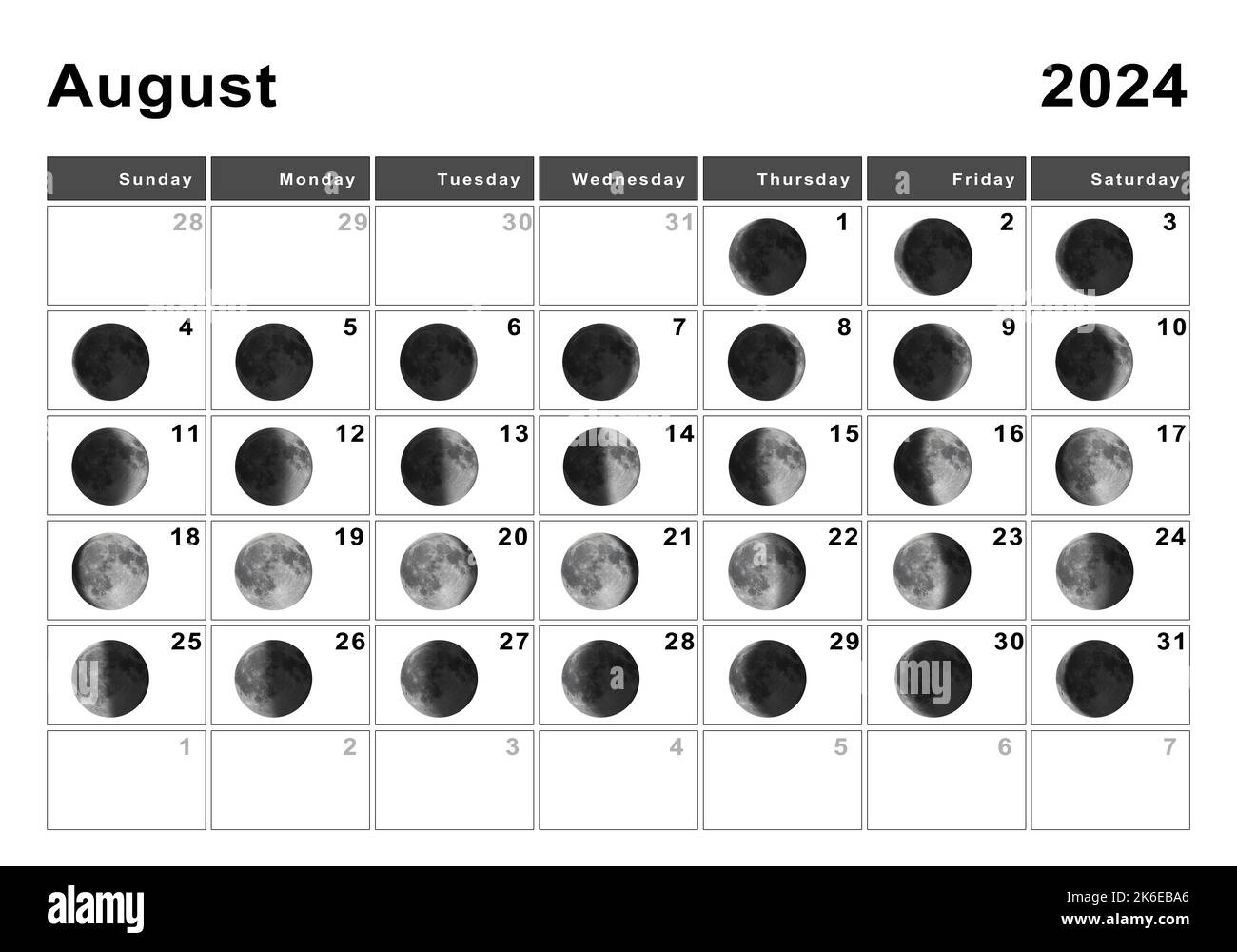 August 2024 Lunar Calendar, Moon Cycles, Moon Phases Stock Photo for Moon Calendar For August 2024