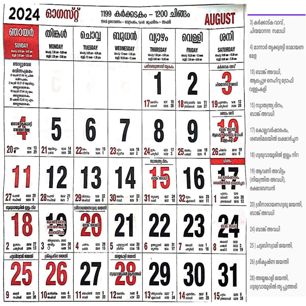 August 2024 Malayalam Calendar All Festivals, Holiday, Tithi inside Malayalam Calendar 2024 August