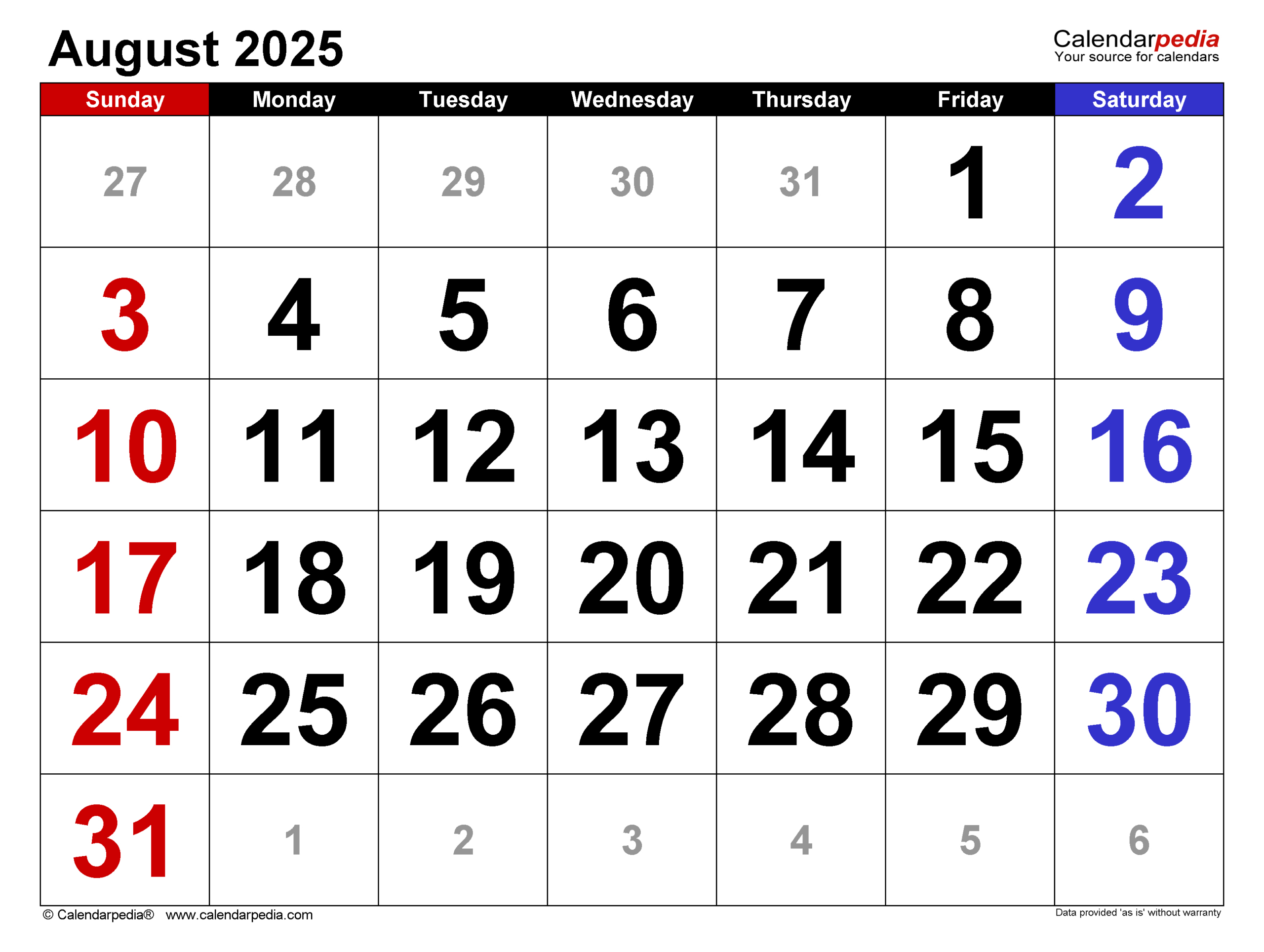 August 2025 Calendar | Templates For Word, Excel And Pdf for August 2025 Calendar Printable