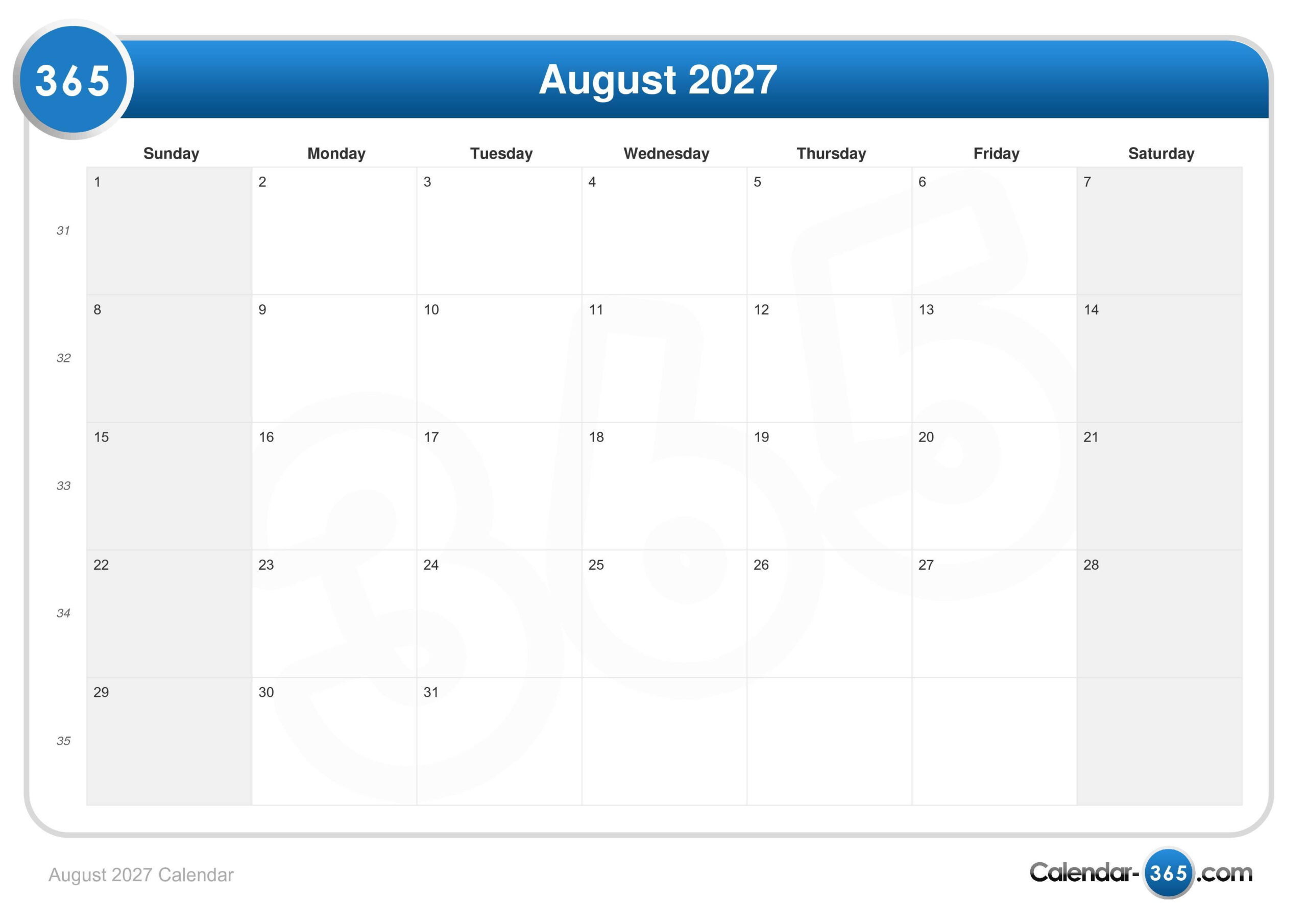 August 2027 Calendar for August 2027 Calendar