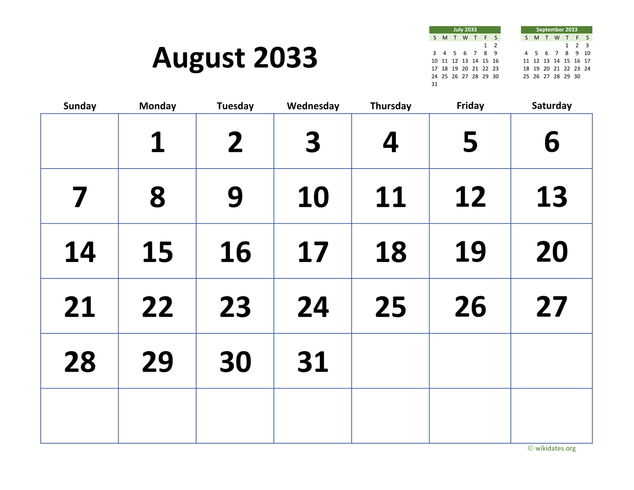 August 2033 Calendar With Extra-Large Dates | Wikidates with August 2033 Calendar