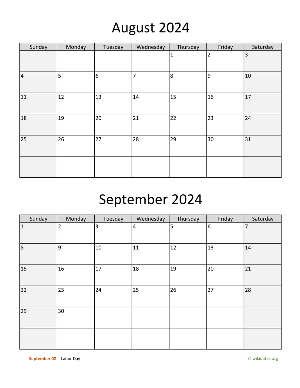 August And September 2024 Calendar | Wikidates for August-September 2024 Calendar