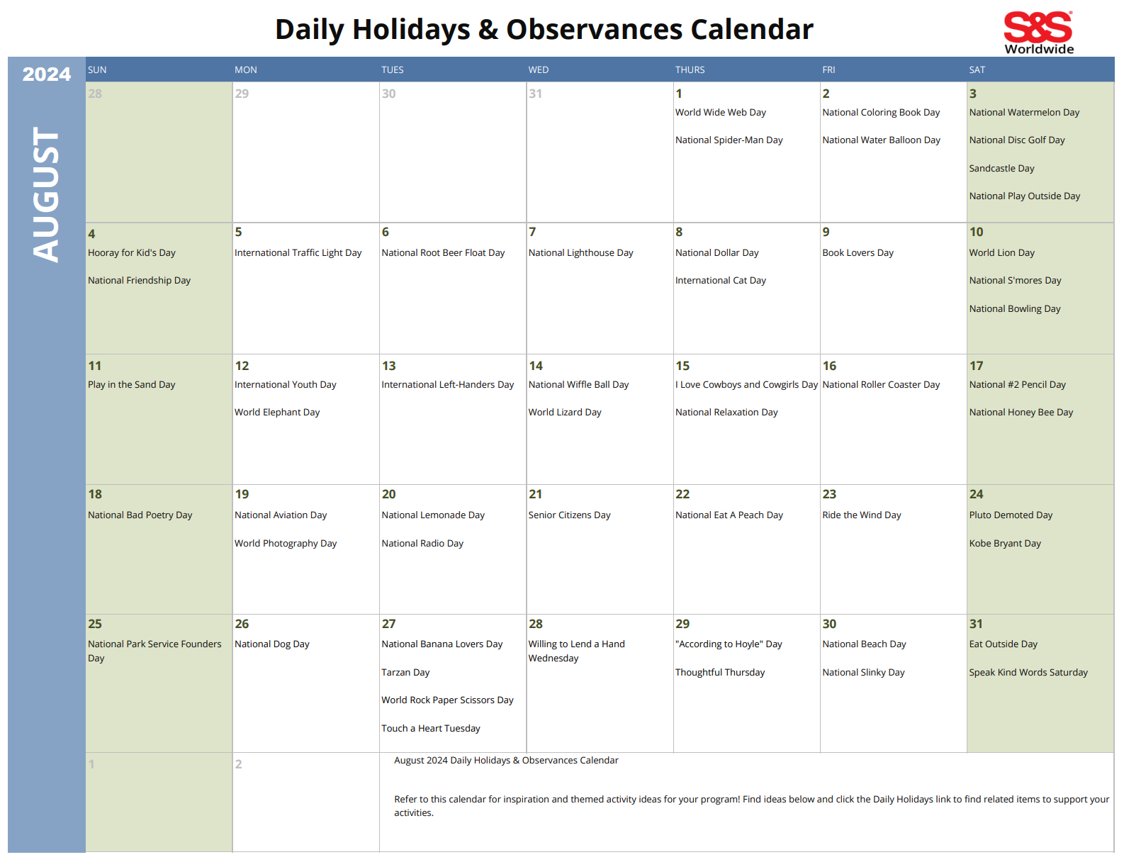 August Daily Holidays &amp;amp; Observances Printable Calendar - S&amp;amp;S Blog for National Day Calendar August 2024