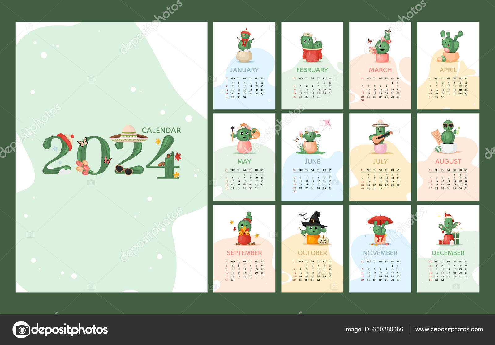 Calendar 2024 Template Cute Colorful Cactus Plant Characters intended for Free Printable Cactus Calendar 2024