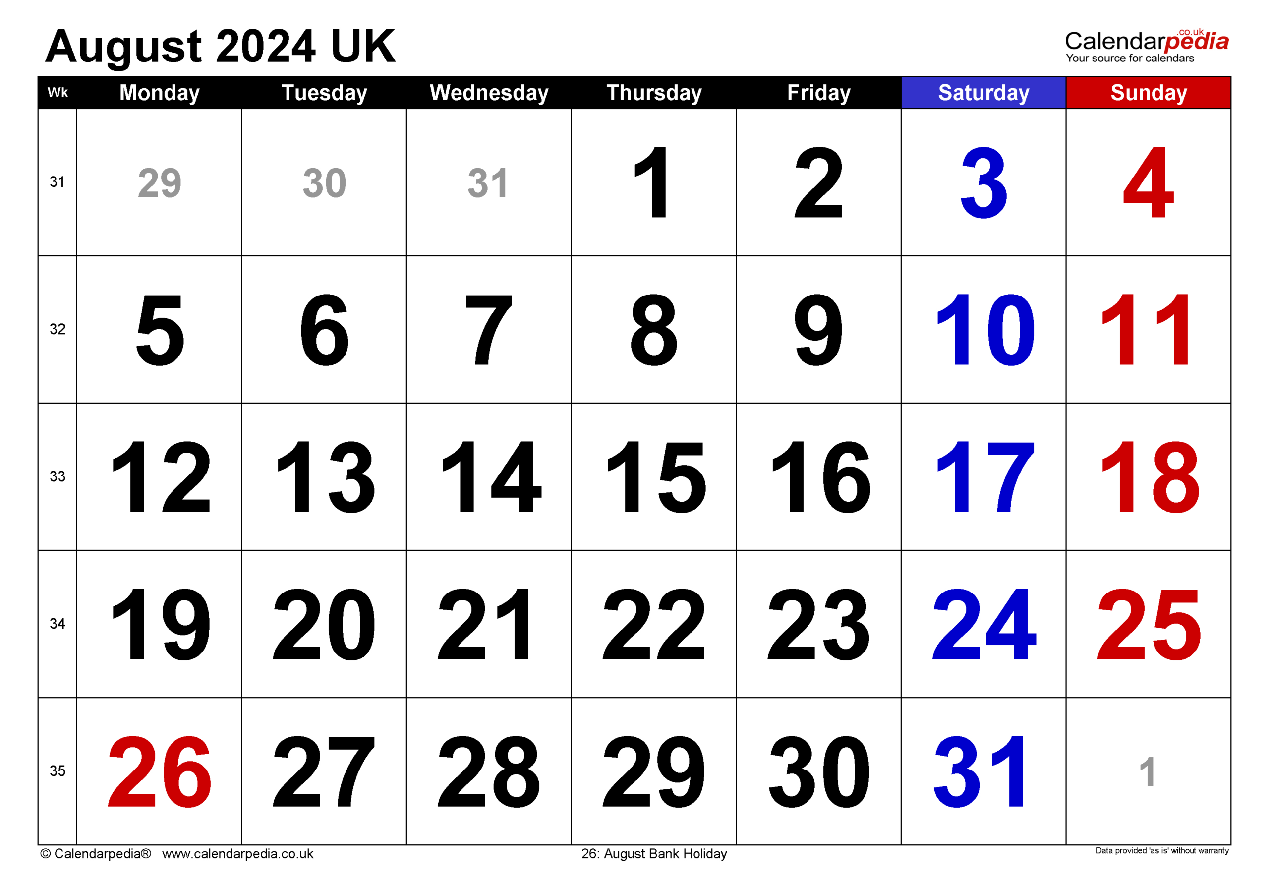 Calendar August 2024 Uk With Excel, Word And Pdf Templates intended for Printable Weekly Calendar August 2024