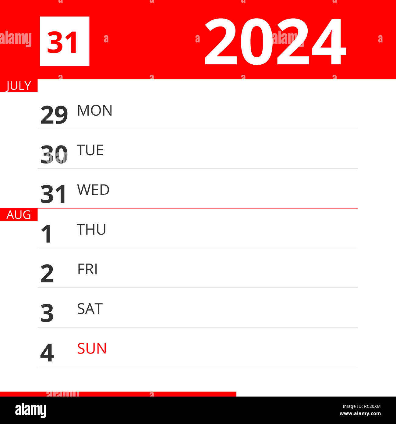 Calendar Planner For Week 31 In 2024, Ends August 4, 2024 Stock with August 4 2024 Calendar