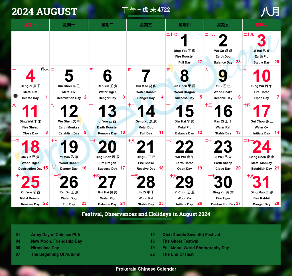 Chinese Calendar 2024 | Festivals | Holidays 2024 throughout Lunar Calendar August 2024