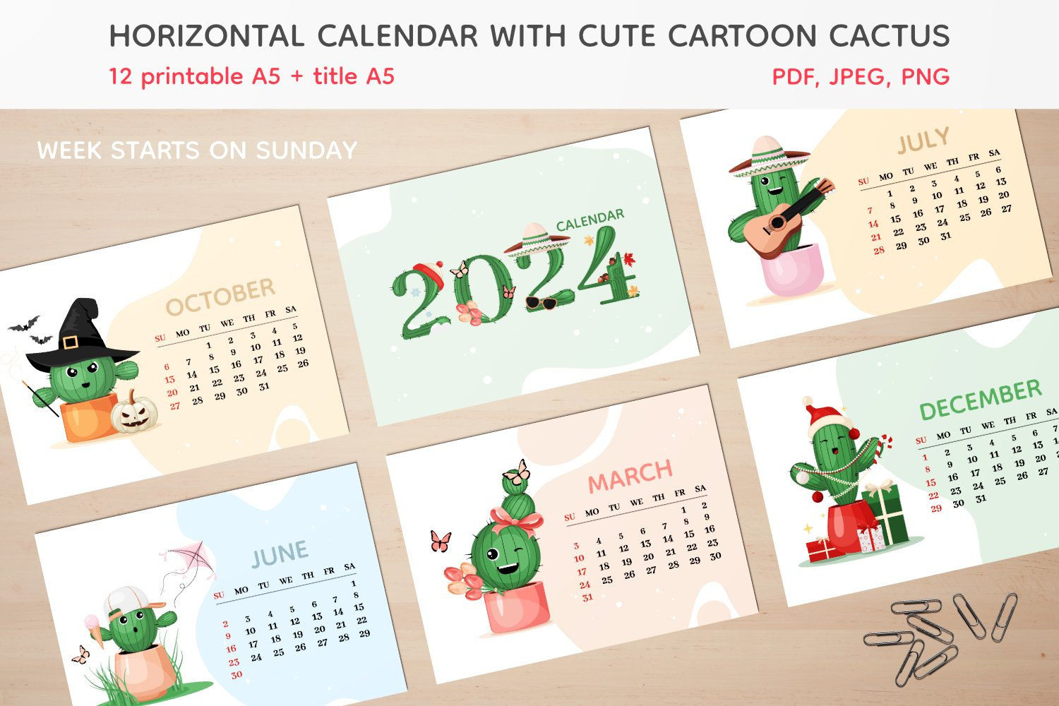 Cute Cartoon Cactus 2024 Horizontal Calendar, Printable Pdf inside Free Printable Cactus Calendar 2024