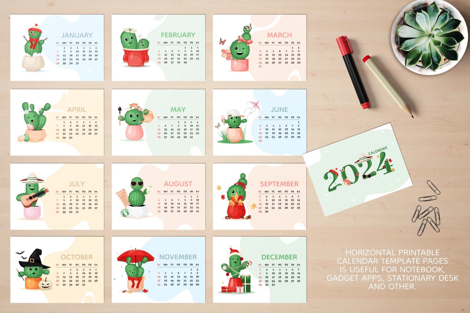 Cute Cartoon Cactus 2024 Horizontal Calendar, Printable Pdf throughout Free Printable Cactus Calendar 2024