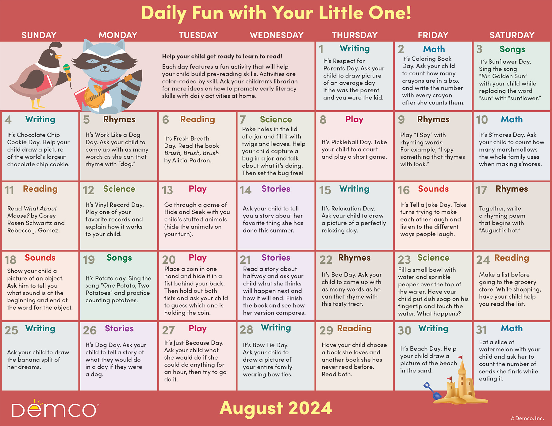 Early Literacy Activities — August 2024: Activities, Books, And More! with August Calendar Ideas 2024