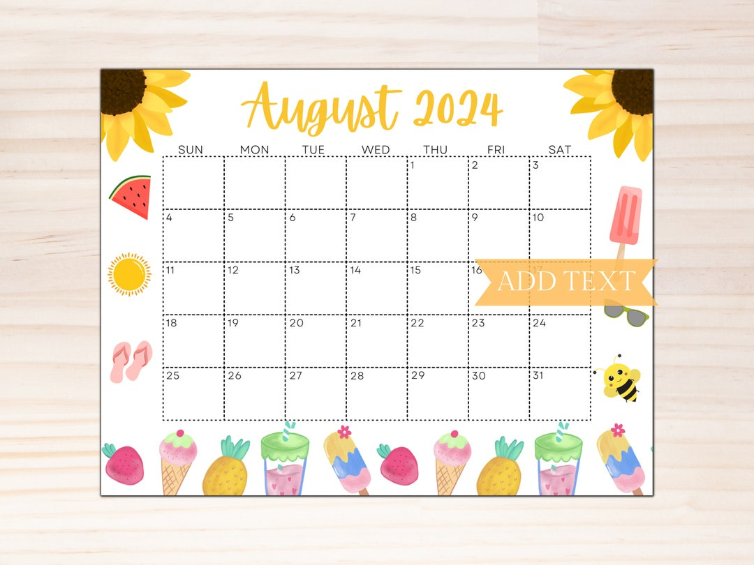 Editable August 2024 Calendar, Printable Calendar 2024, School Calendar, Kids Classroom Calendar, Sunflower Calendar, Summer Planner - Etsy inside Printable Calendar 2024 August