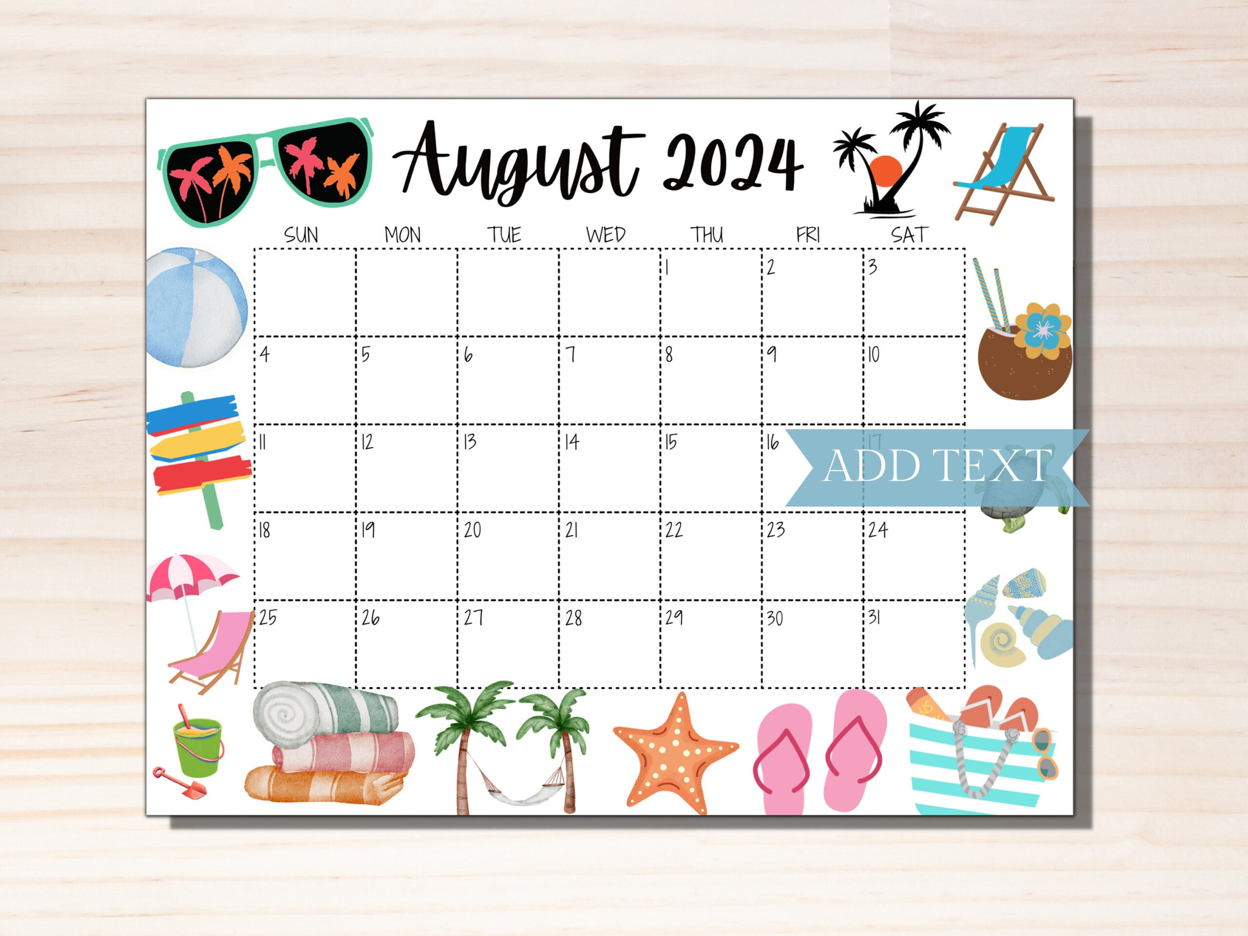 Editable August 2024 Calendar, Printable Calendar 2024, Summer in Editable August 2024 Calendar