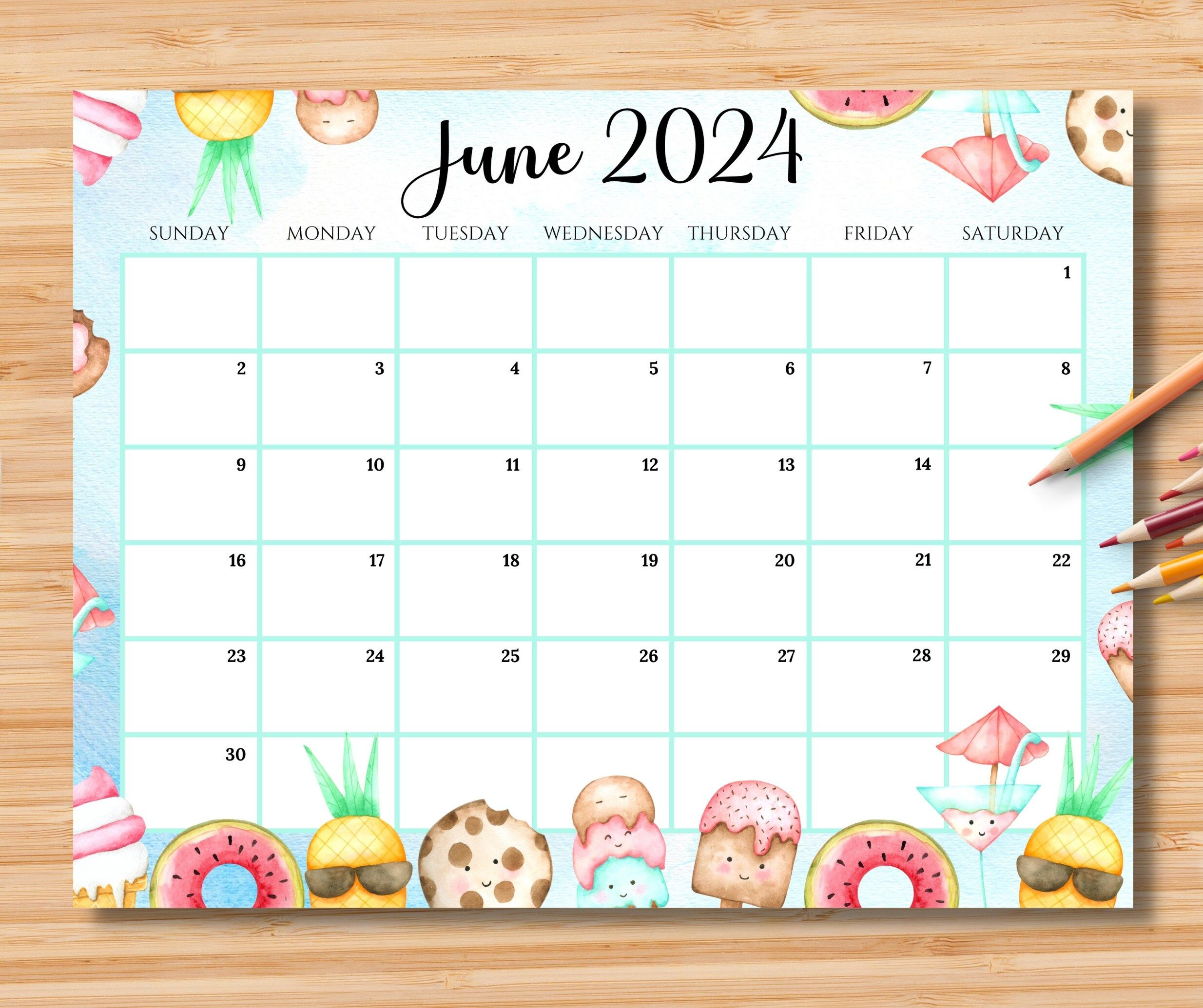 Editable June 2024 Calendar, Happy Summer With Sweet Drinks within Free Printable Calend June 2024 Pinterest