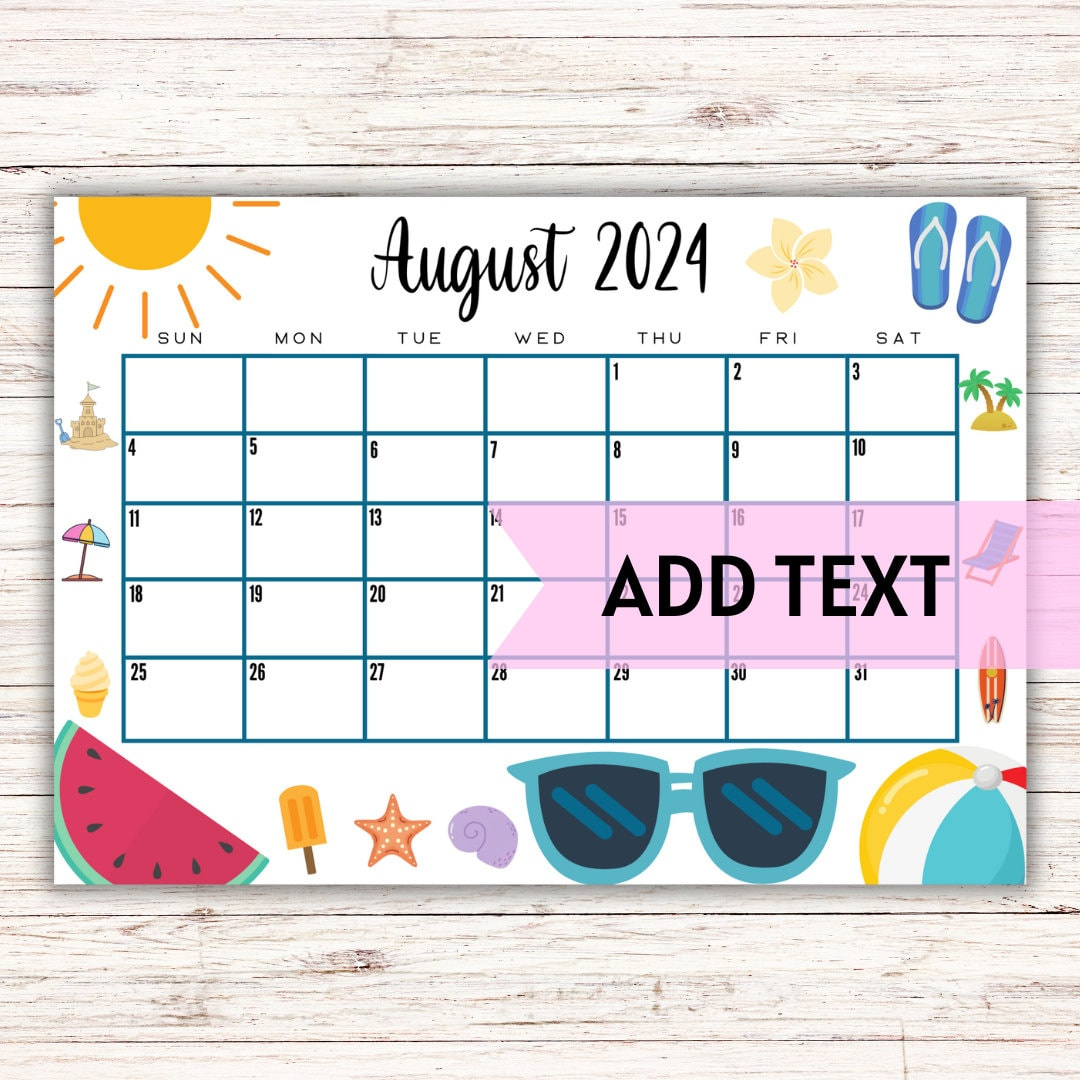 Editable Printable August Calendar 2024 Cute Summer Themed Calendar W/ Sea Shells And Sunglasses Summer Monthly Calendar Fillable - Etsy Sweden for August Themed Calendar 2024